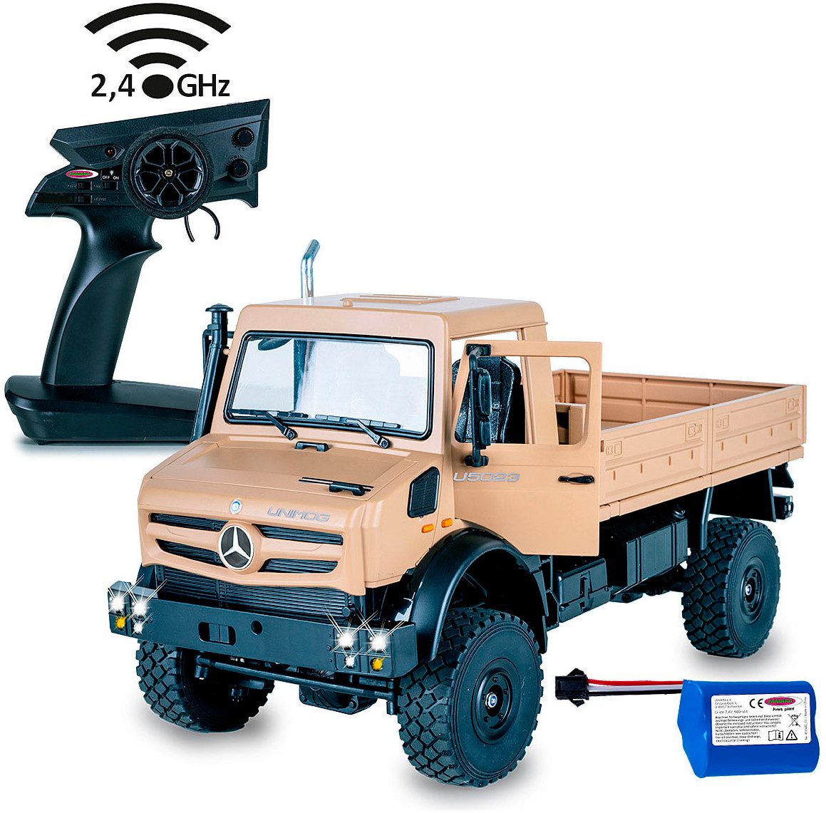 Jamara RC-LKW Mercedes-Benz Unimog U5023 beige 2,4GHz, LED-Licht; Maßstab 1:14
