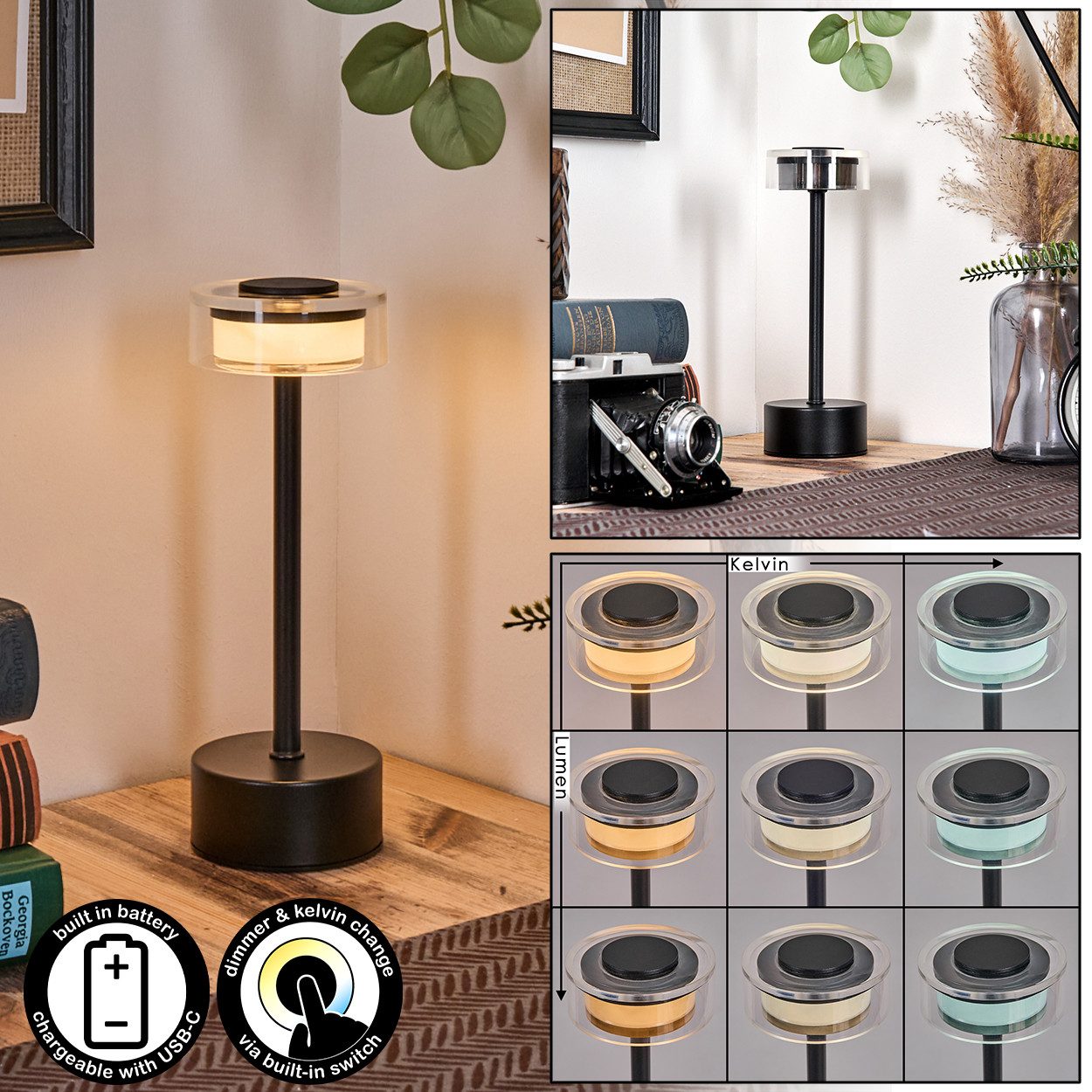 hofstein Tischleuchte Tischlampe aus Metall/Kunststoff in Schwarz/Klar, ohne Leuchtmittel, dimmabre Tischleuchte mit Touchdimmer, CCT einstellbar, 2,5 Watt