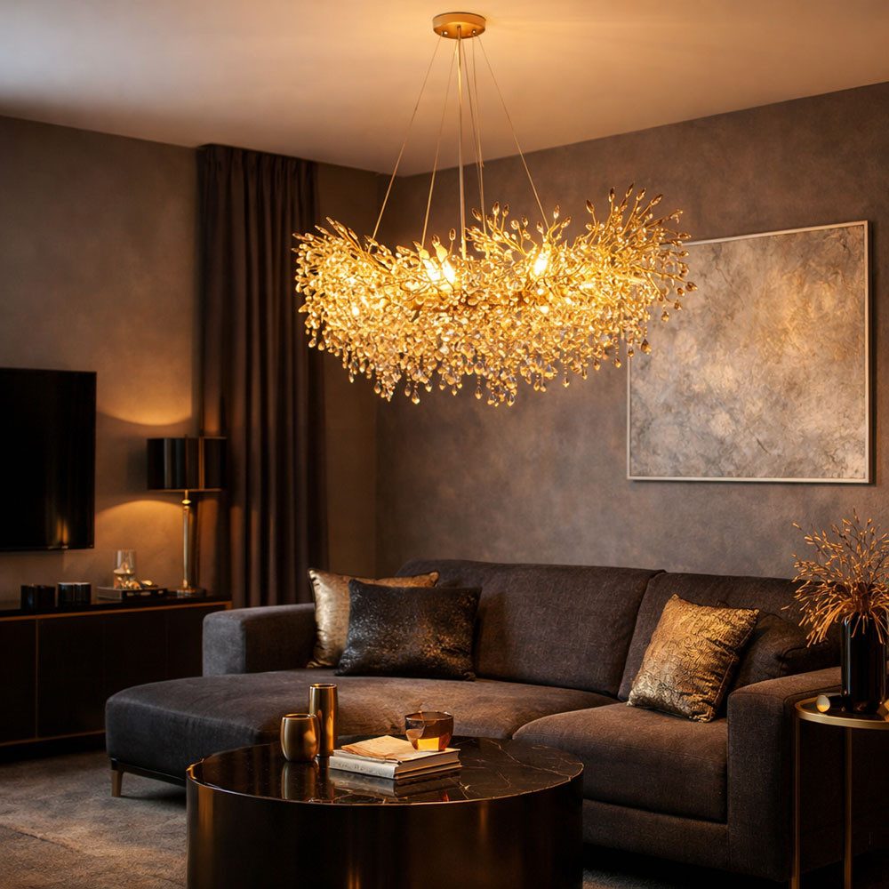 GLOBO LIGHTING Hängeleuchte, Leuchtmittel nicht inklusive, Kronleuchter Hängeleuchte Luster gold Glaskristalle amber L 100 cm