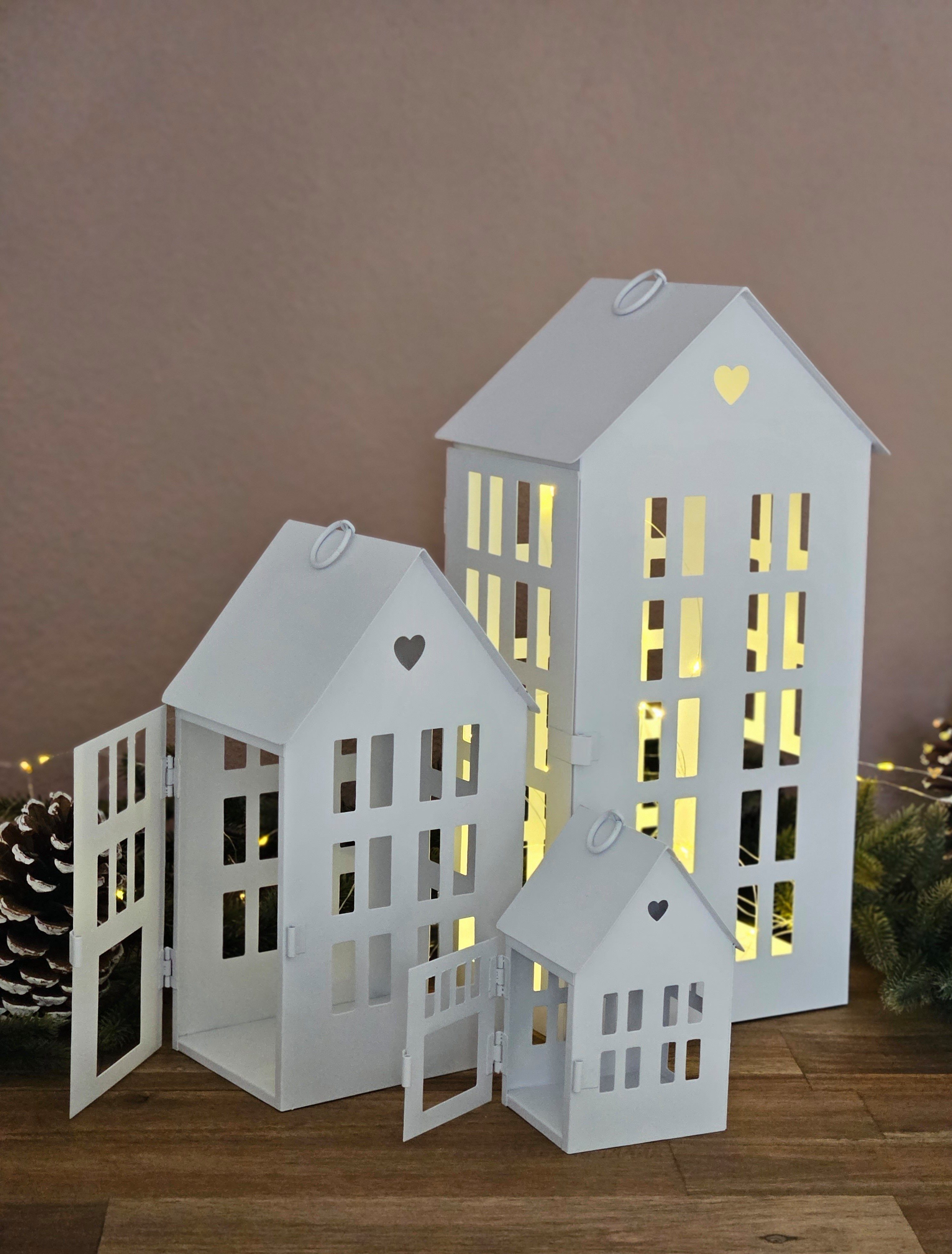 Meinposten Windlicht 3 Laternenhäuser Windlicht Laternen Häuser Metall weiß 3er SET (3 St., 3er Set) – Bild 4 von 5