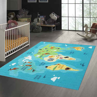 Teppich Kinderzimmer Weltkarten-Lernteppich mit Tieren in blau, TeppichHome24, rechteckig, Höhe: 7 mm