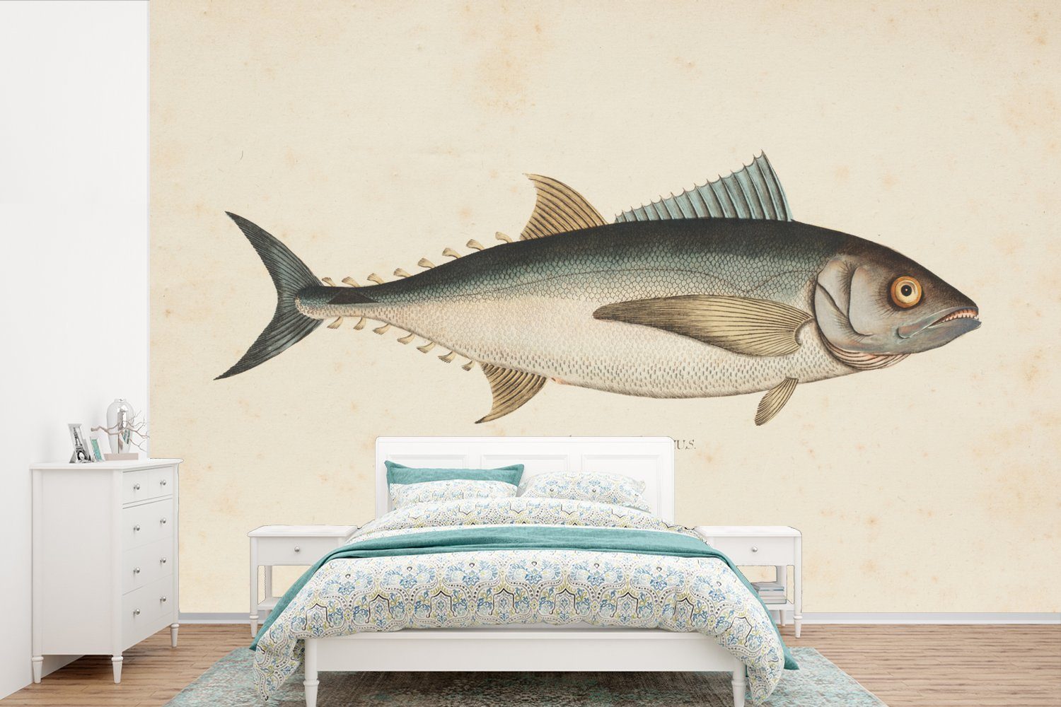 MuchoWow Fototapete Eine alte Illustration eines Fisches, Matt, bedruckt, (6 St), Wallpaper für Wohnzimmer, Schlafzimmer, Kinderzimmer, Vinyl Tapete