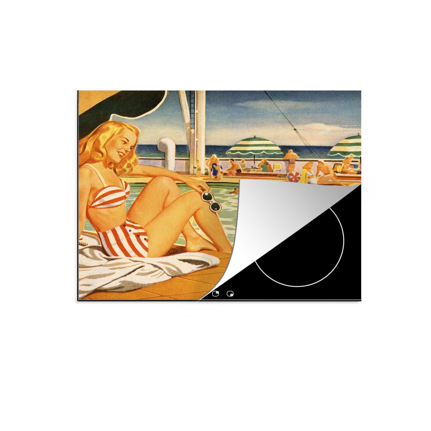 Induktionsschutz, Dame auf Induktionskochfeld, cm, Herdblende-/Abdeckplatte der eines zuschwimmt, tlg), 57x51 (1 Vinyl, Ceranfeldabdeckung Mannes, eine MuchoWow Illustration