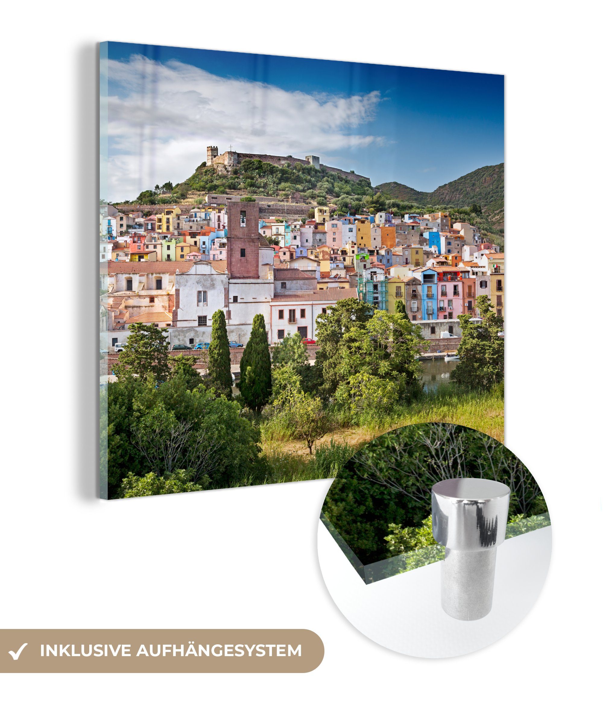 MuchoWow Acrylglasbild Bunte Häuser in Oristano auf Sardinien, (1 St), Glasbilder - Bilder auf Glas Wandbild - Foto auf Glas - Wanddekoration