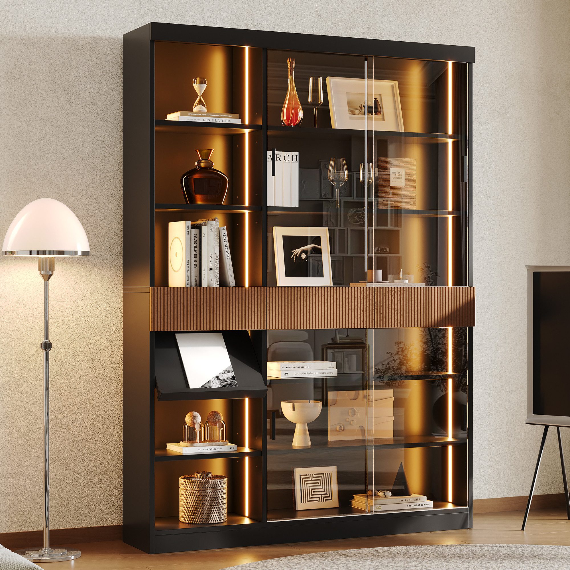 Flieks Glasvitrine mit LED-Beleuchtung, 4 Glasschiebetüren, 3 Schubladen, Klappablage (Wohnzimmerschrank mit verstellbarer Einlegeböden, 1-St., 120x28,5x180 cm) Hochschrank Multifunktionsschrank Standvitrine Küchenbuffet Schwarz