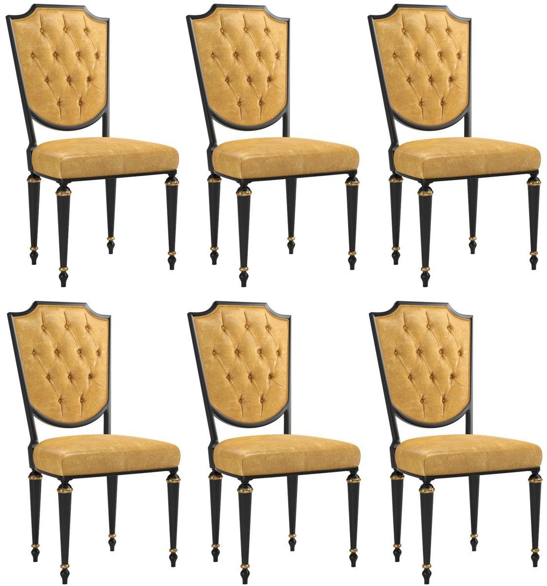 Casa Padrino Esszimmerstuhl Luxus Barock Esszimmer Stuhl Set Gold / Schwarz  / Antik Gold 50 x 50 x H. 105 cm - Edle Küchen Stühle mit hochwertigem  Leder - Barock Stühle 6er Set - Esszimmer Möbel