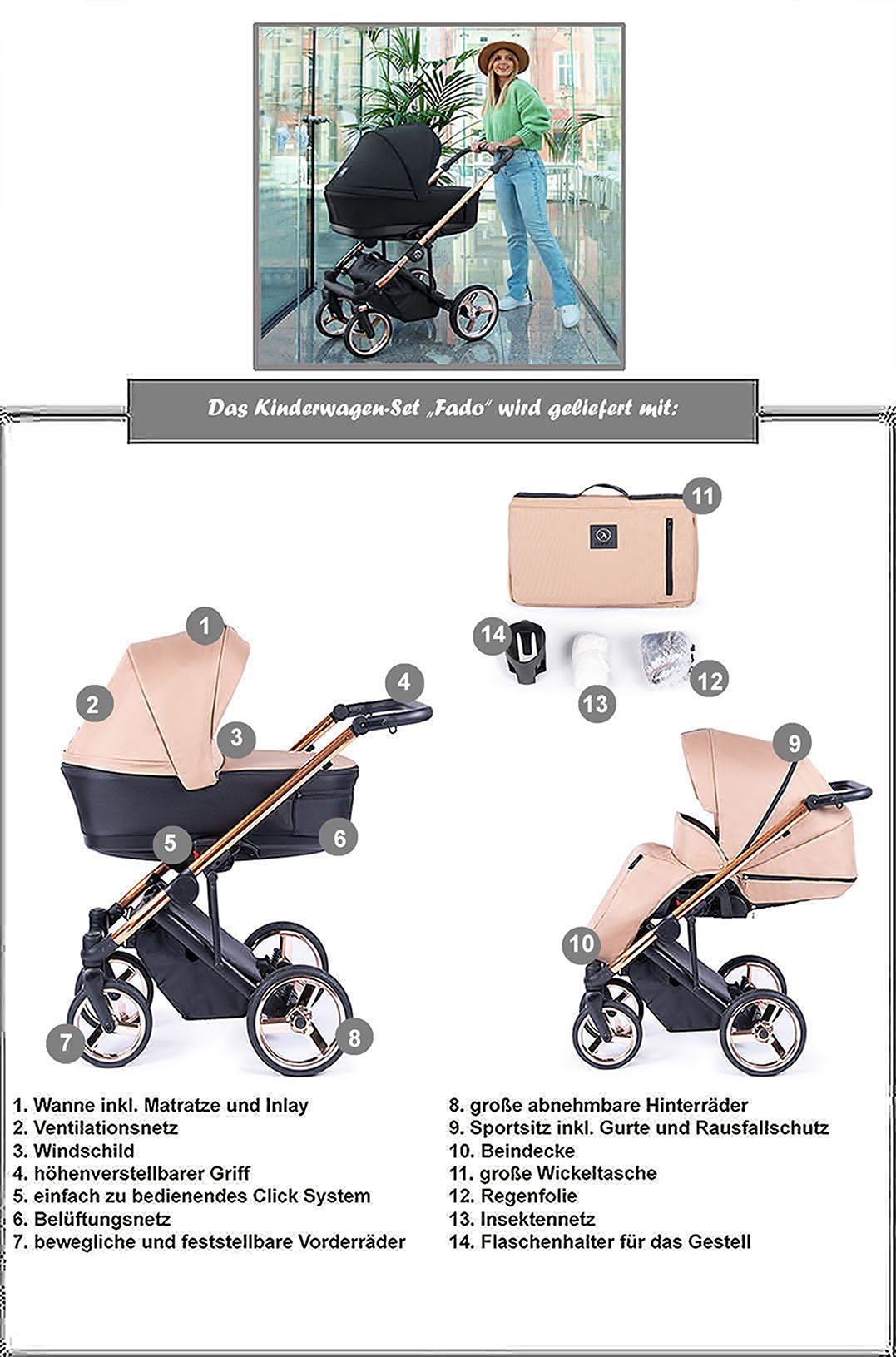 babies-on-wheels Kombi-Kinderwagen 2 in 1 Designs - 24 schwarz Kinderwagen-Set in 14 - = Gestell Teile Fado Braun