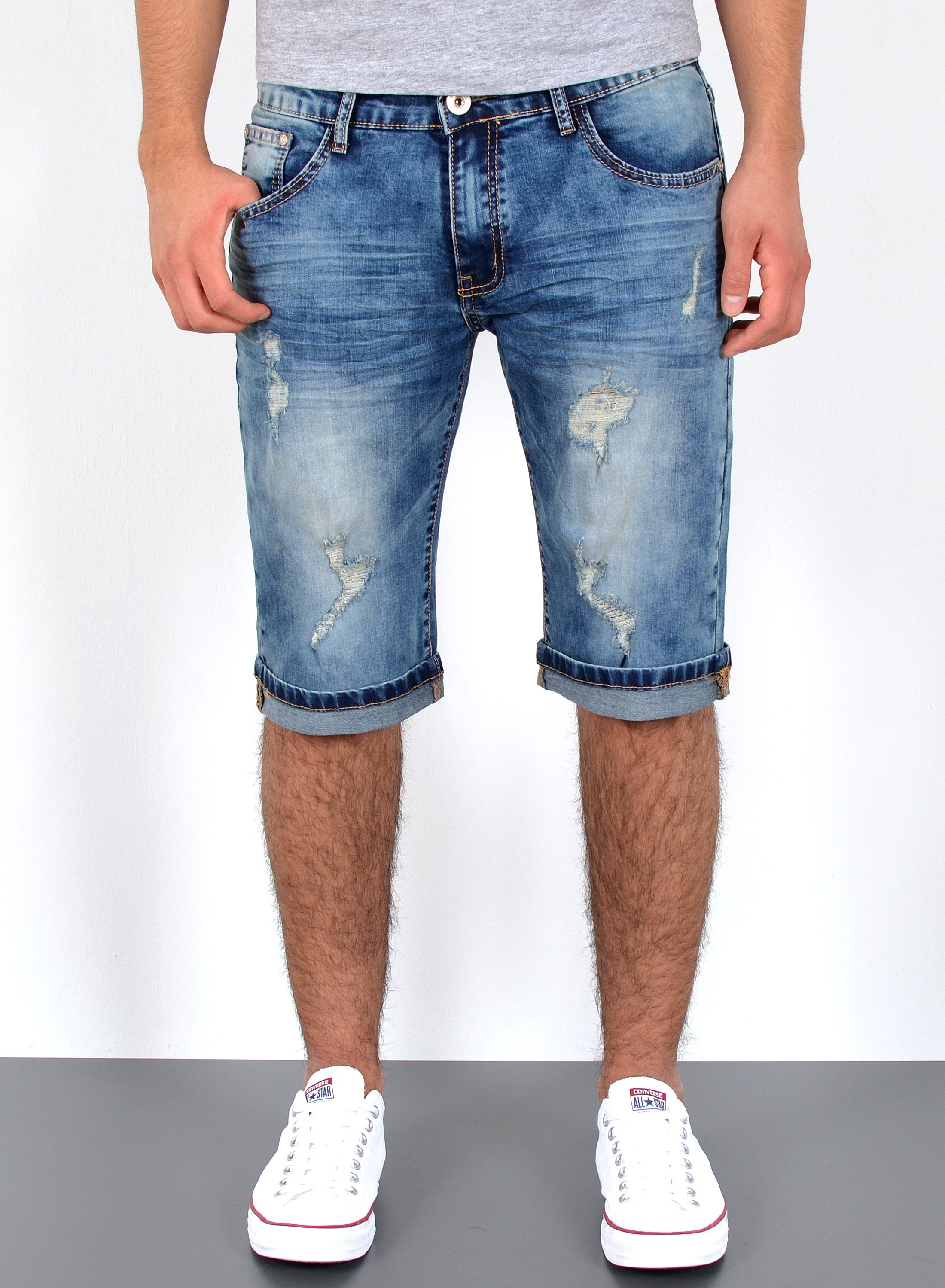 ESRA Jeansshorts A373 Herren Jeans Shorts Hose, bis Übergröße / Plussize Große Größe, Herren kurze Jeans Hose mit 5 Pocket, Herrren kurze Jeanshose mit Stretch, Jeansshorts für Sommer mit Rissen im Destroyed Look, Herren Capri Jeans Shorts Herren Capri Hose Shorts Herren Capri Jeanshose Shorts, Herren Shorts Jeans Straight Regular Comfort Meeresblau A387