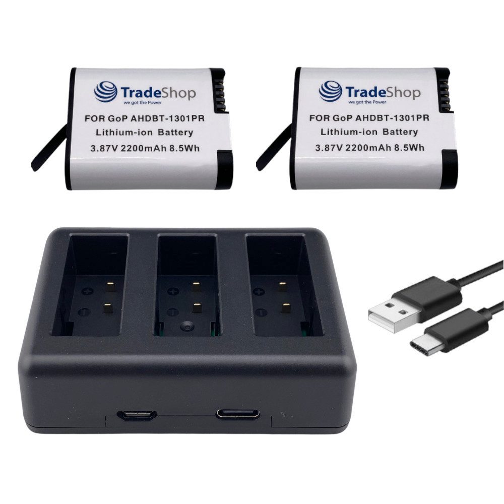3in1 Set passend für GoPro AHDBT-1301PR CPSS1B - Triple Ladegerät + 2x Kamera-Akku