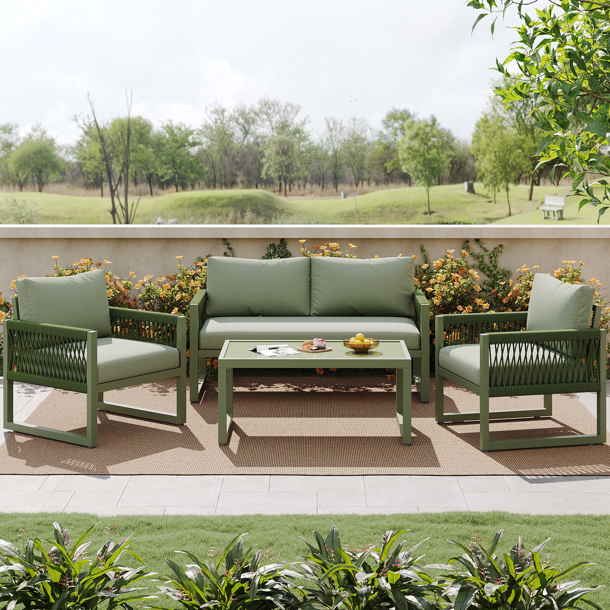 Flieks Gartenlounge-Set, 4 Sitzer Gartenmöbel Sitzgruppe Balkonset aus Eisen und Seil