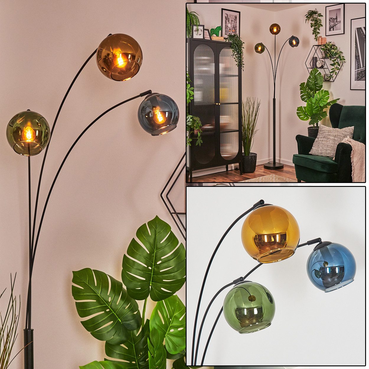 hofstein Stehlampe Stehlampe aus Metall/Glas in Schwarz/Blau/Grün/Goldfarben, verstellbare Stehleuchte im Vintage-Design, Fußschalter, 210 cm, 3xE14