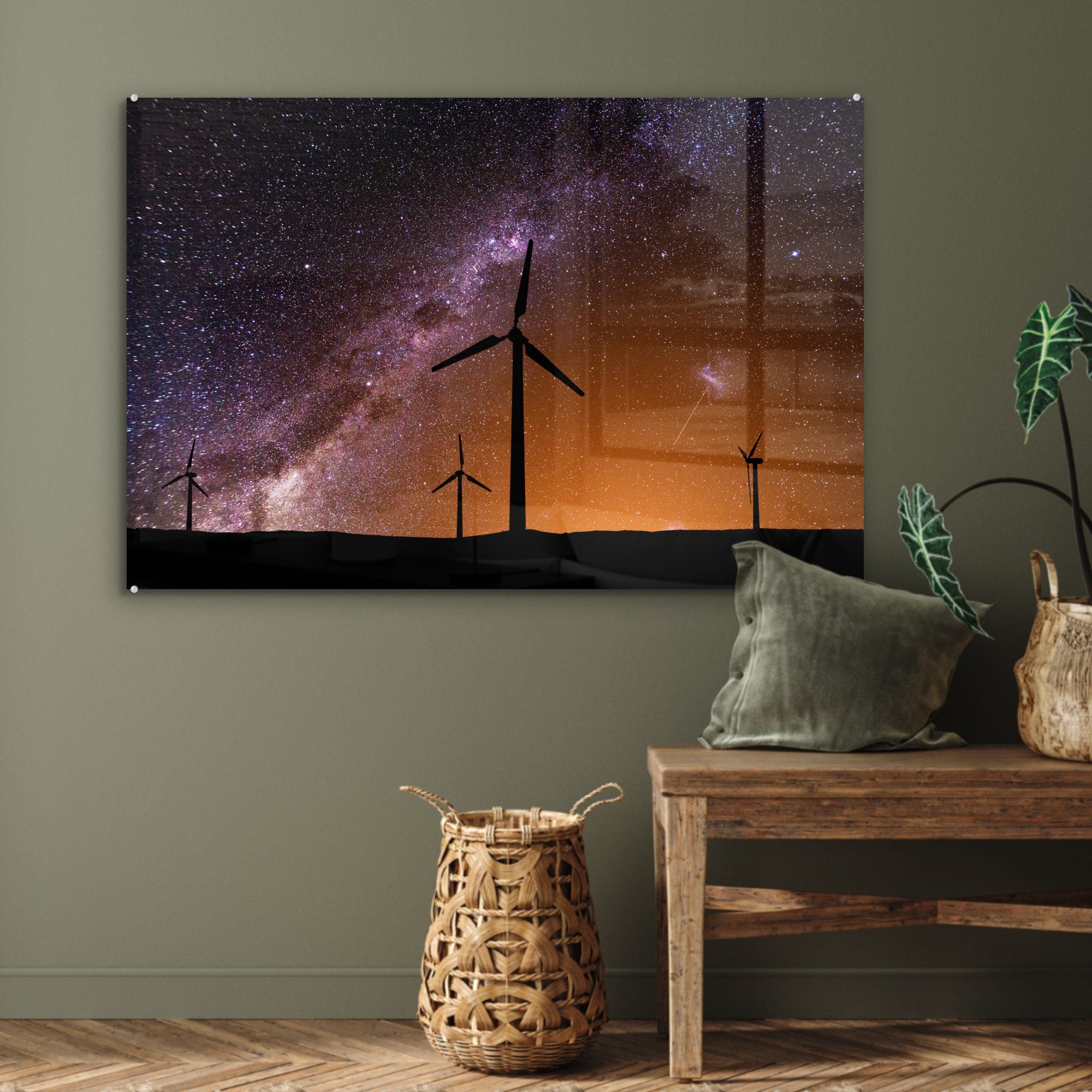 vor Acrylglasbild St), (1 Acrylglasbilder Schlafzimmer einem Wohnzimmer wunderschönen Windmühlen MuchoWow Sternenhimmel, &