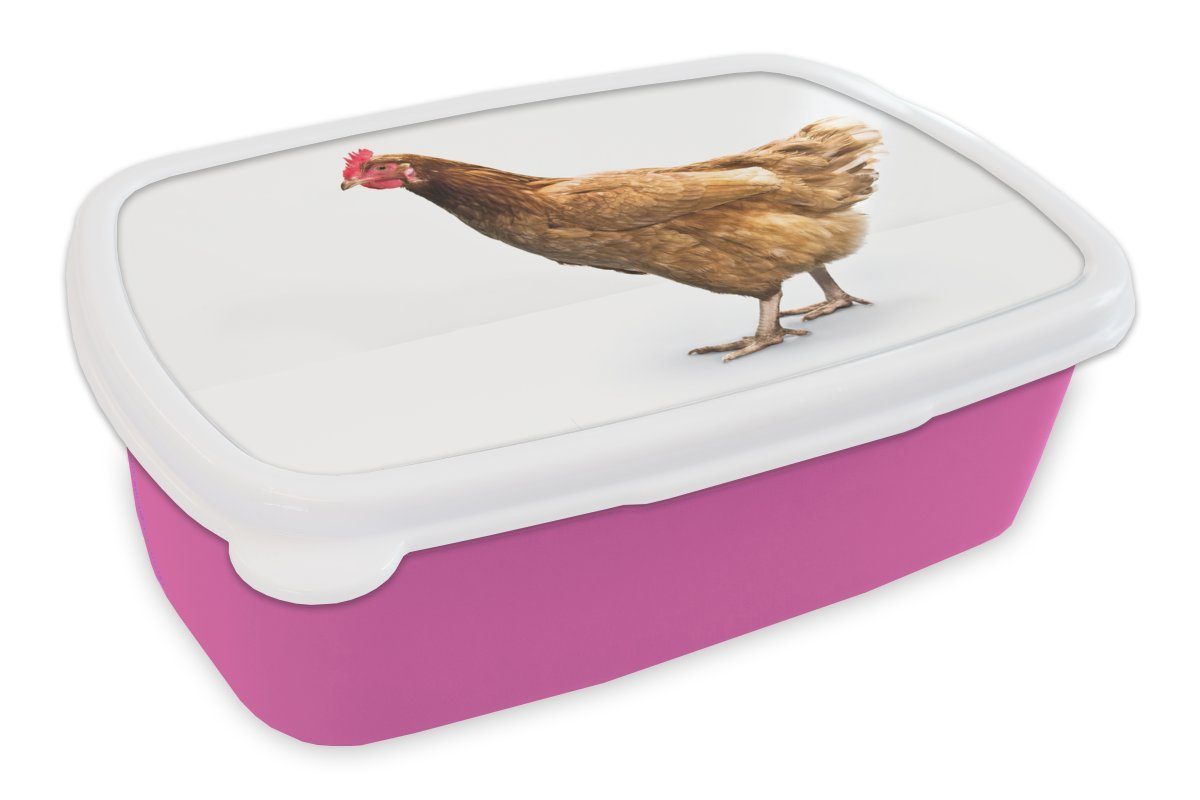 MuchoWow Lunchbox Braunes Huhn auf weißem Hintergrund, Kunststoff, (2-tlg), Brotbox für Erwachsene, Brotdose Kinder, Snackbox, Mädchen, Kunststoff rosa | Lunchboxen
