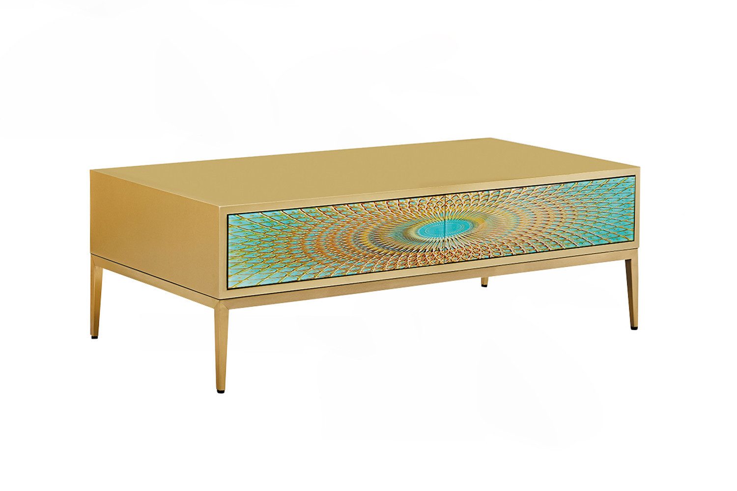 KAWOLA Couchtisch, 2 Schubladen Glas grün/gold 120/42/60 cm (B/H/T)