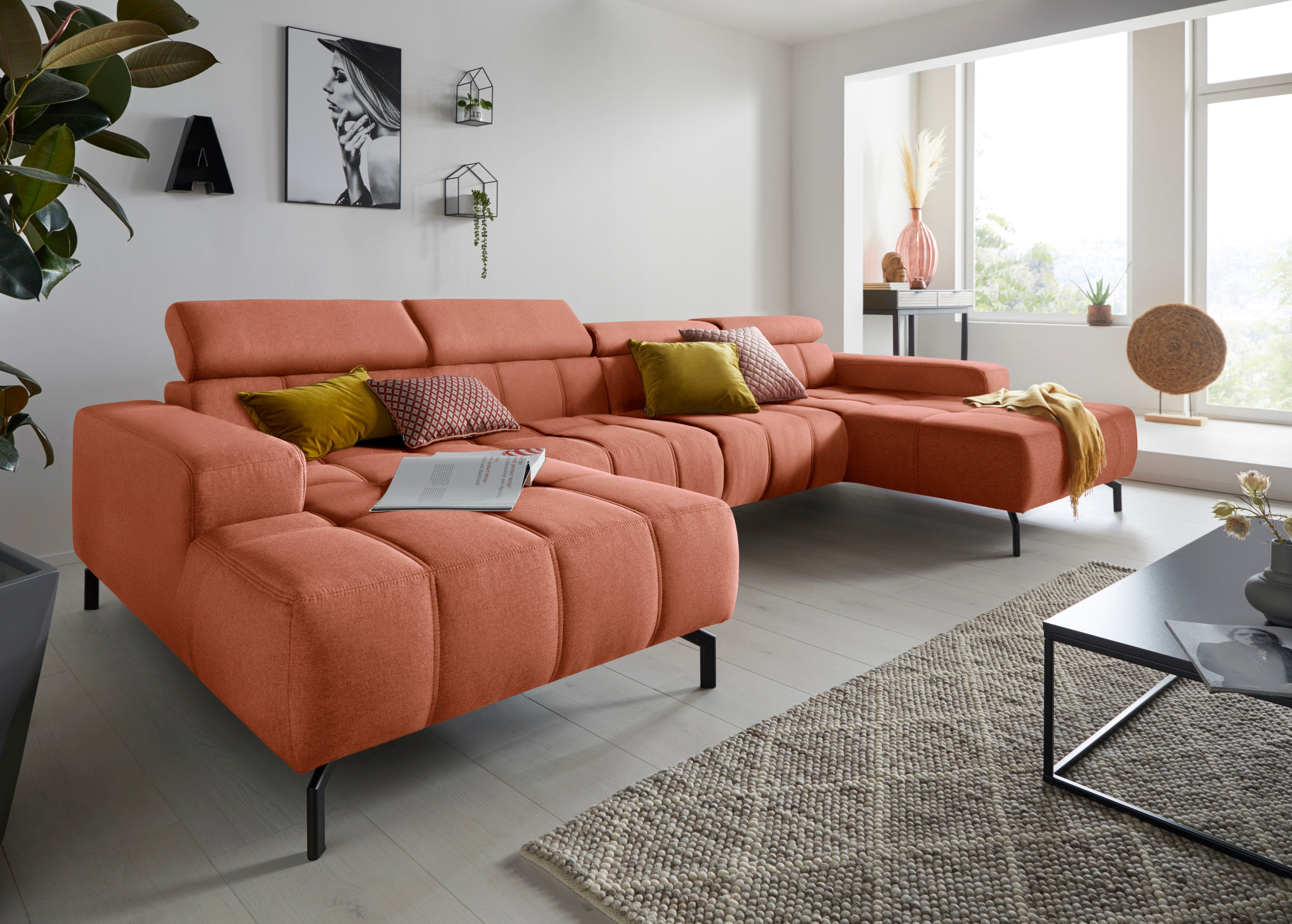 DOMO collection Wohnlandschaft Cunelli tolle Sitznähte als Designelement, fester Sitzkomfort, U-Form, whlw. verstellbare Kopfteile, passend für gängige Saugroboter
