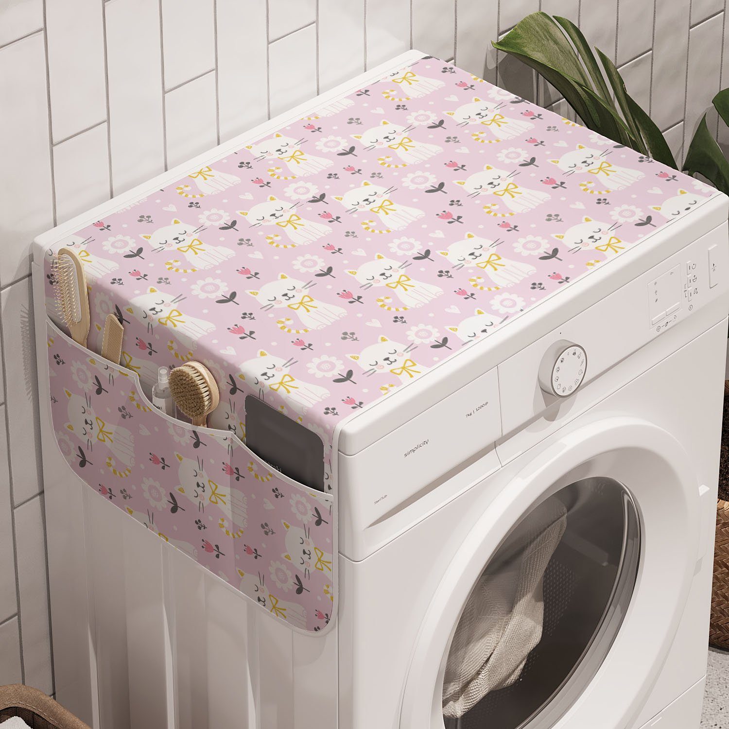 Abakuhaus Badorganizer Anti-Rutsch-Stoffabdeckung für Waschmaschine und Trockner, Kätzchen Katzen mit Band und Blumen