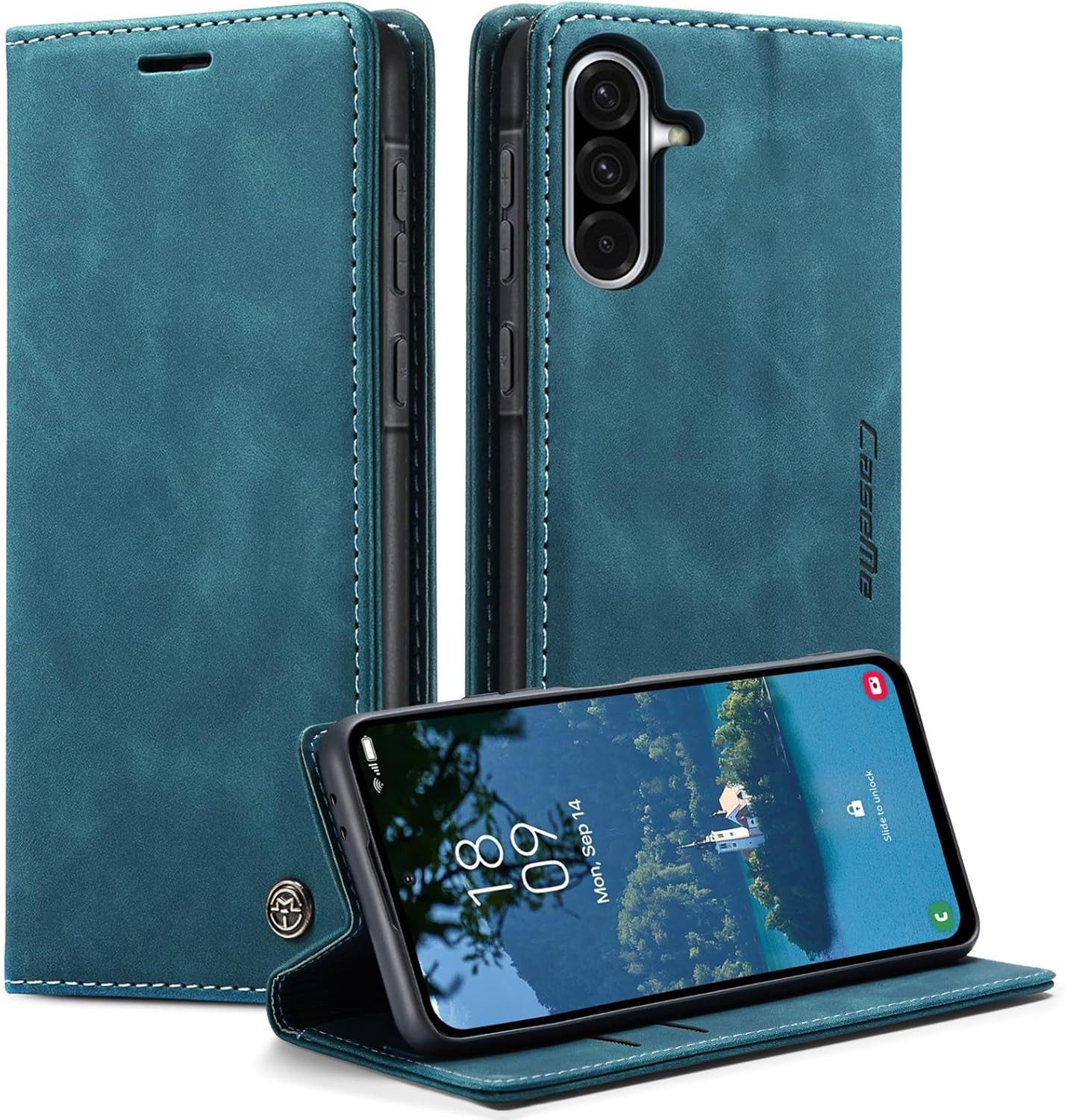 CaseMe Handyhülle Premium Hülle für Samsung Klapphülle Samsung A57 5G-Dunkles Zyanblau