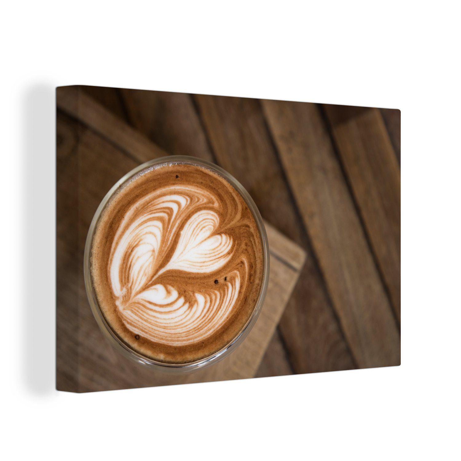 Wandbild in Leinwandbilder, OneMillionCanvasses® 30x20 Wanddeko, Leinwandbild Kunst Aufhängefertig, St), herzförmigen einer Espresso, (1 Blume cm