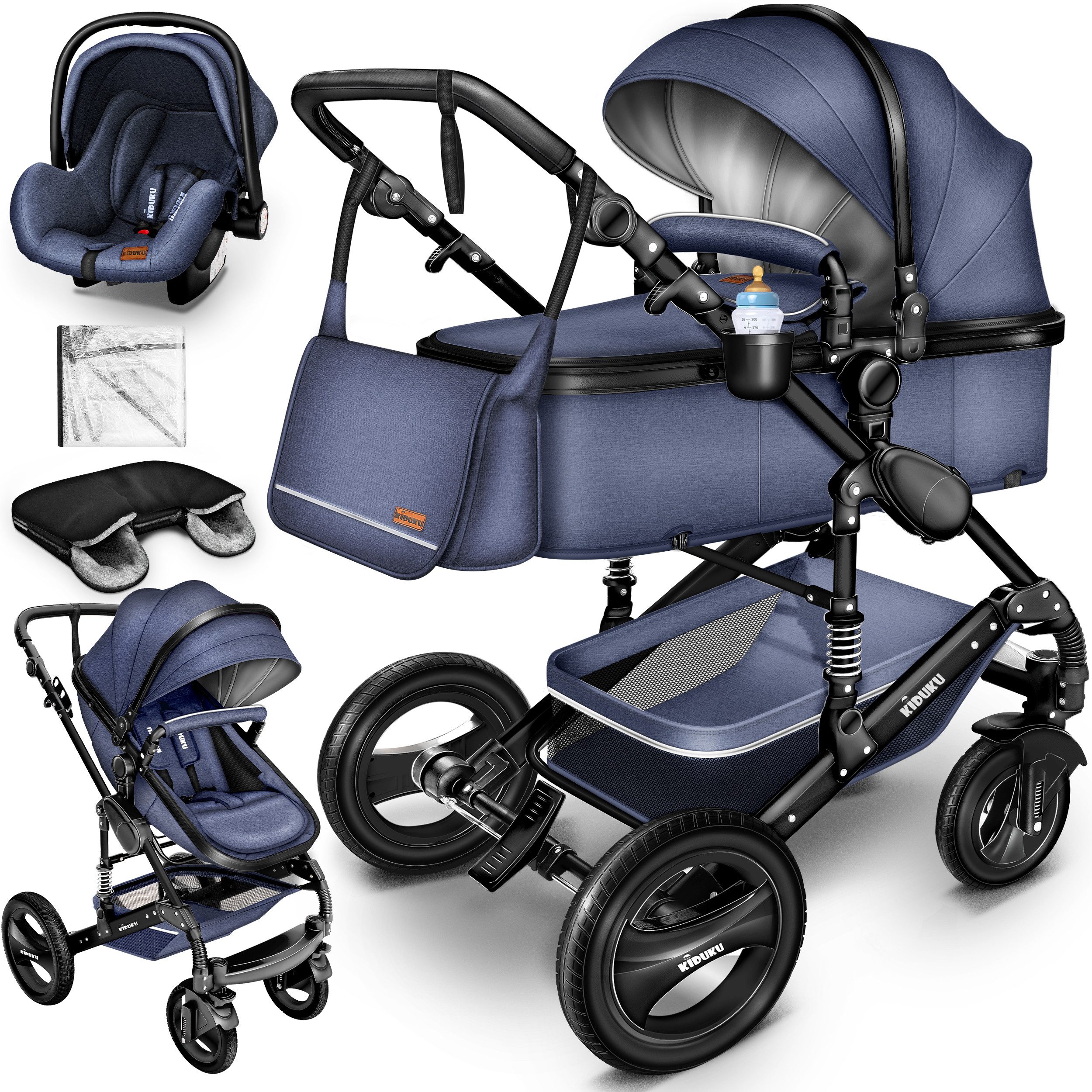 KIDUKU Kombi-Kinderwagen KIDUKU® 3 in 1 Kombi-Kinderwagen Buggy Reisebuggy inkl. Auto- Babyscha, Kindertisch