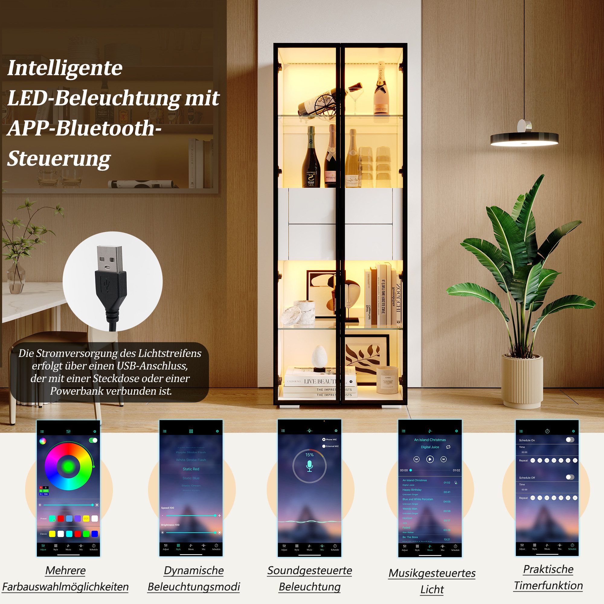 Merax Standvitrine Glasvitrine mit LED-Beleuchtung und Stauraum (Wohnzimmerschrank Standregal Schrank, 60×40×160cm, 1-St) Vitrine mit Hartglastür, 2 verstellbar – Bild 5 von 5