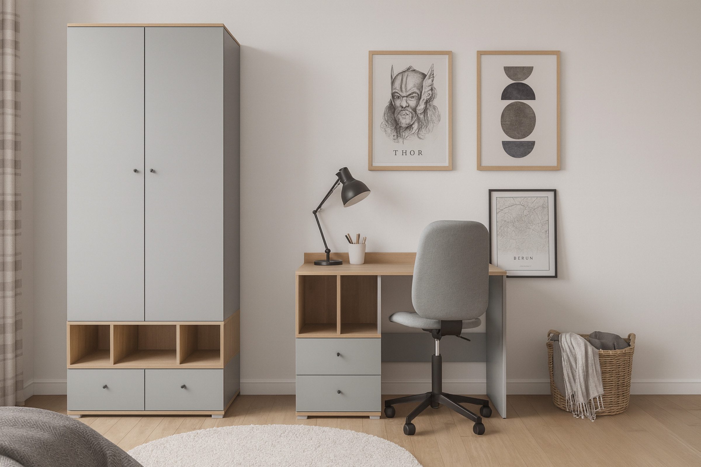 Deine Möbel 24 Jugendzimmer-Set OLAF B (1+5) Kinderzimmer - Set Jugendzimmer, (Set, 2-tlg., Kleiderschrank Schreibtisch), OLAF Kollektion Grau Eiche