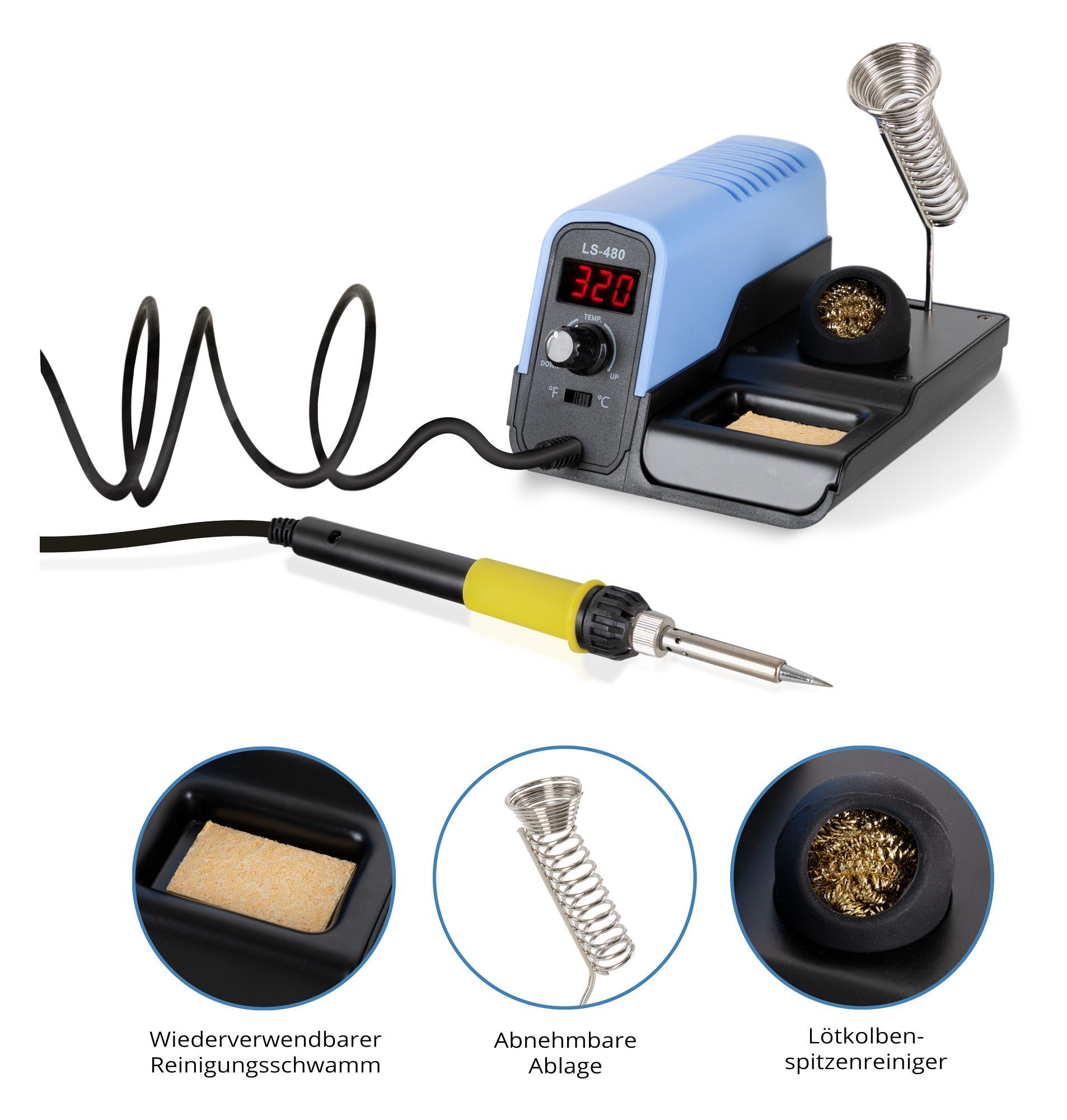 Stagecaptain Lötkolben LS-480 Lötstation, max. 480 °C, max. 30 W,  elektrisch, Feinlötkolben mit Pinzette, 5 Lötspitzen, Lötzinn & Reiniger,  Entlötpumpe mit extrem kurzer Aufheizzeit