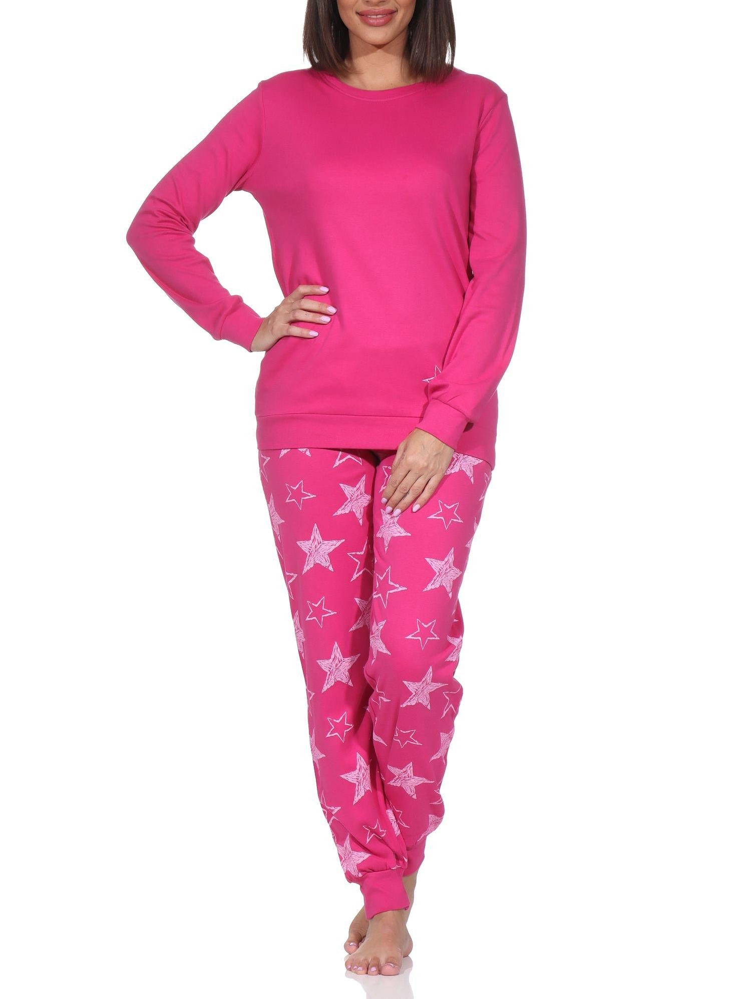 Pyjama Damen Schlafanzug in Kuschel Interlock mit Bündchen in Sterne Optik