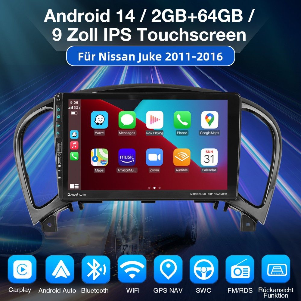 ESSGOO DAB+ Android 15 Autoradio für nissan juke 2011-2016 Carplay GPS WIFI Autoradio (Digitalradio (DAB), 4+64GB(optional), RDS, AM, FM, Apple Carplay Android Auto GPS Navi WIFI BT EQ)