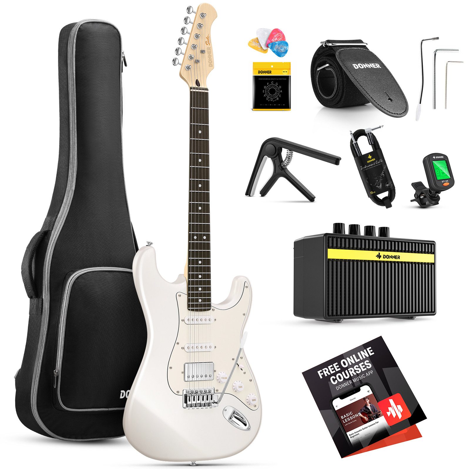 Donner E-Gitarre E-Gitarre 39 Zoll mit Kits für erwachsene Anfänger DST-152, Festkörper, Satz, Verstärker, Tasche, Zubehör, ST-Stil, HSS-Tonabnehmerspule geteilt