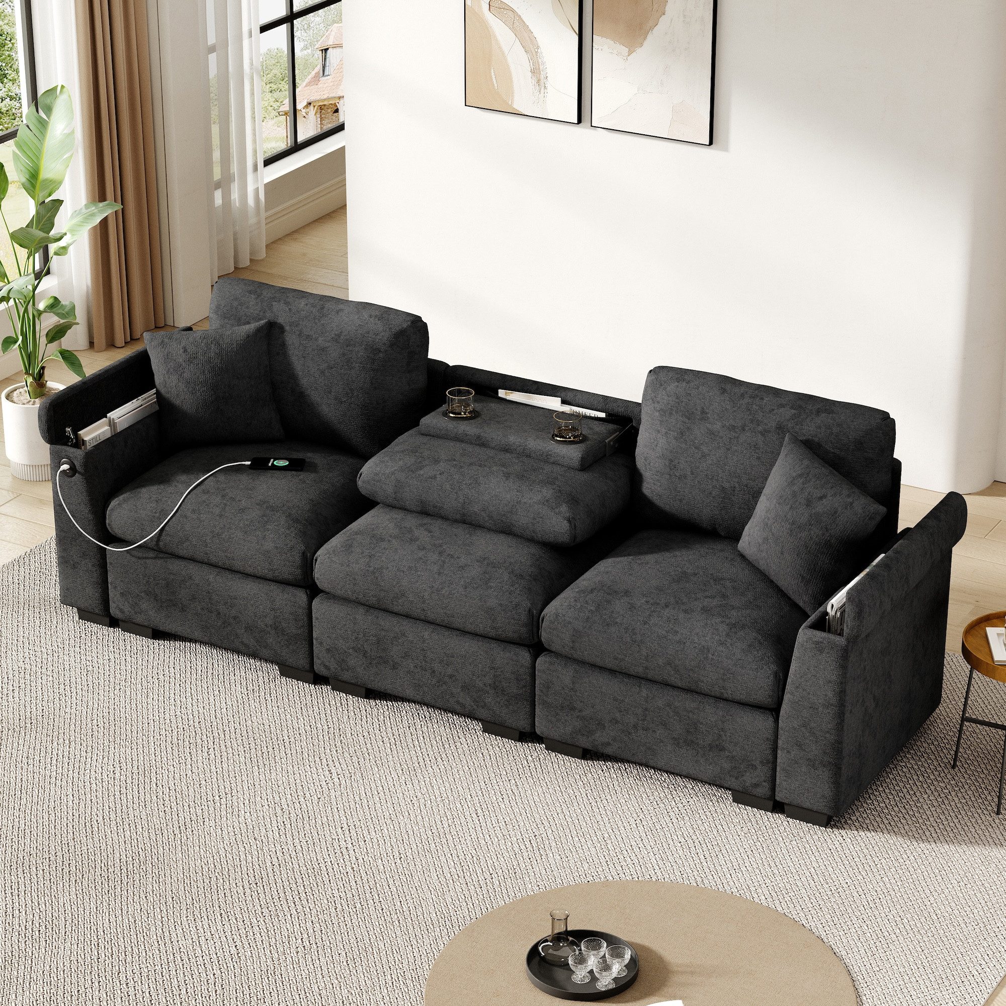 SOFTWEARY 3-Sitzer Sofa mit Klapptisch und Mehrfachsteckdosen, mit Zierkissen, Rückenkissen, Getränkehalter, USB und Type-C, Big-Sofa, Ecksofa, L-Form, Chenille