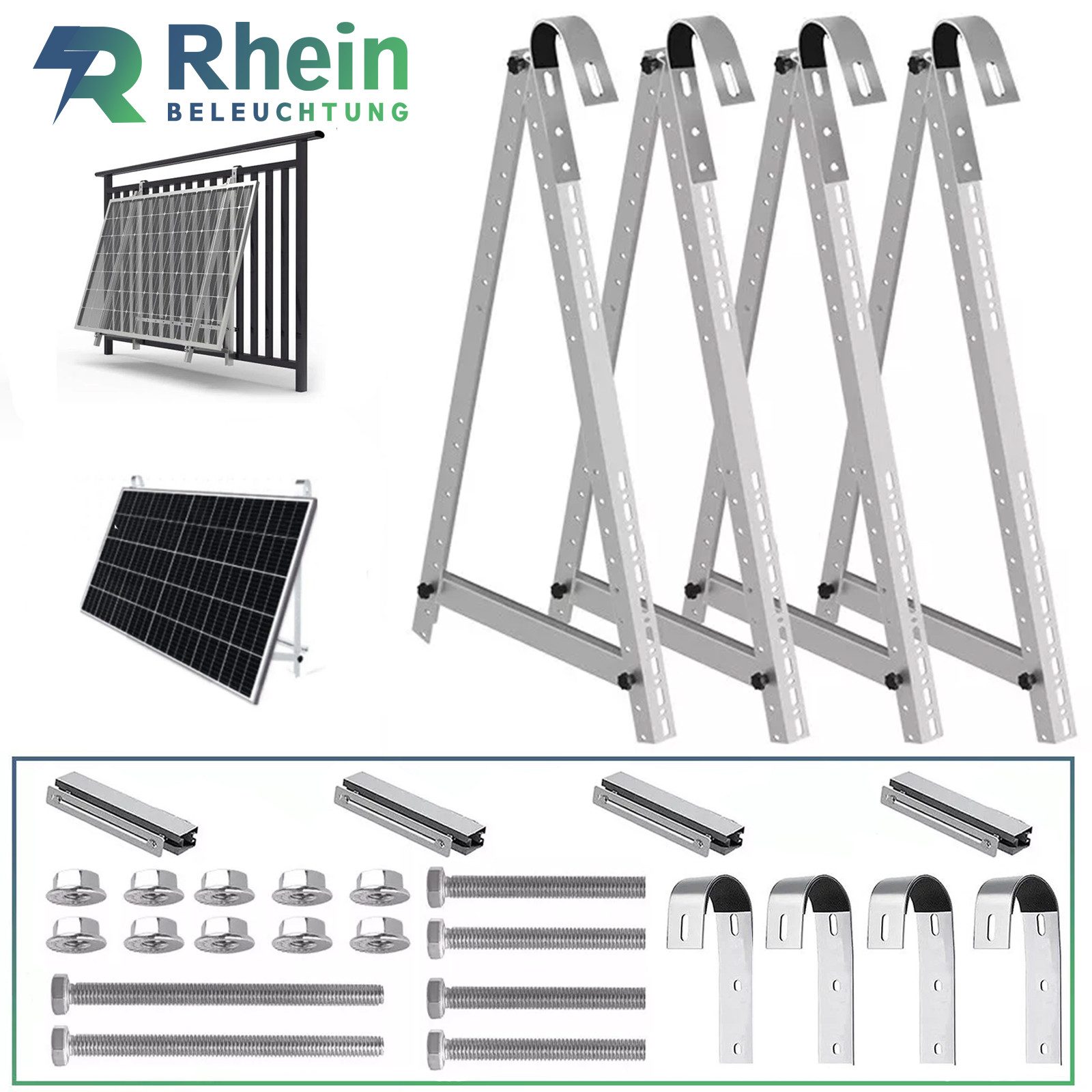 Rhein Beleuchtung Solarmodul-Halterung 114cm/118cm einstellbarer Winkel Solarpanel Halterung(mit Balkonhaken), (Edelstahl, Universelles Design, spart Balkonplatz, erhöht Solarertrag)