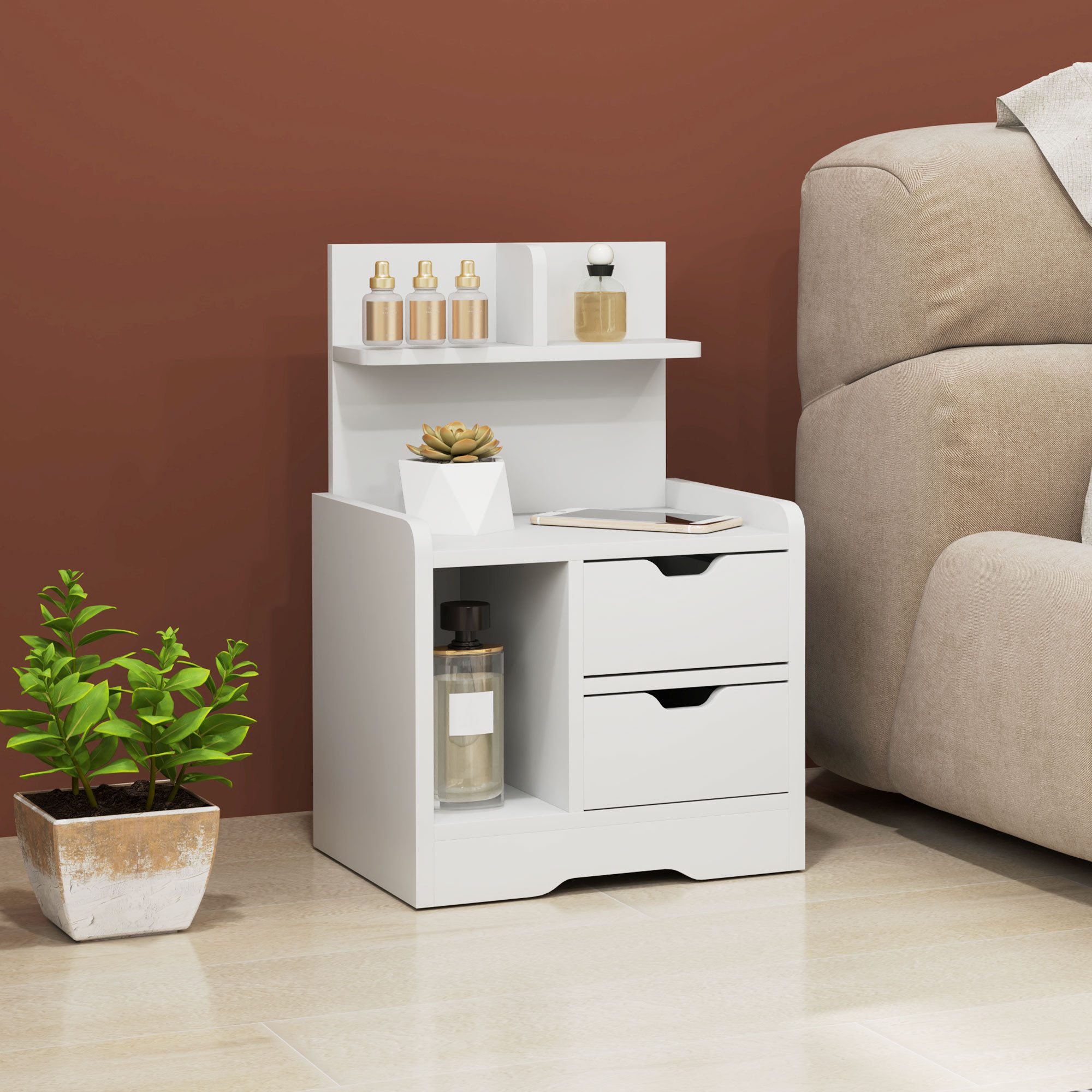 HOMCOM Nachttisch Beistelltisch mit 2 Schubladen, offenes Fach, Nachtkommode (Beistelltisch, 1-St., Nachtschrank), für Schlafzimmer, Wohnzimmer, 40 x 30 x 60 cm, Weiß