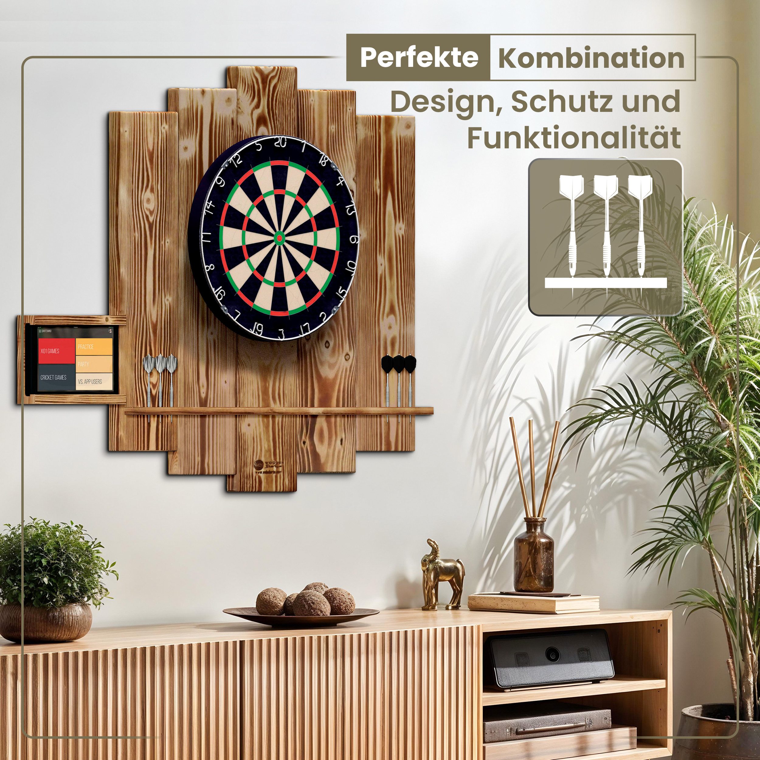WDS Dartscheibe WOODEN Dartboard Surround, (Premium Dart-Wandschutz, Burned Look (Geflammt) oder Color Design), Optionaler Tablet-Halter