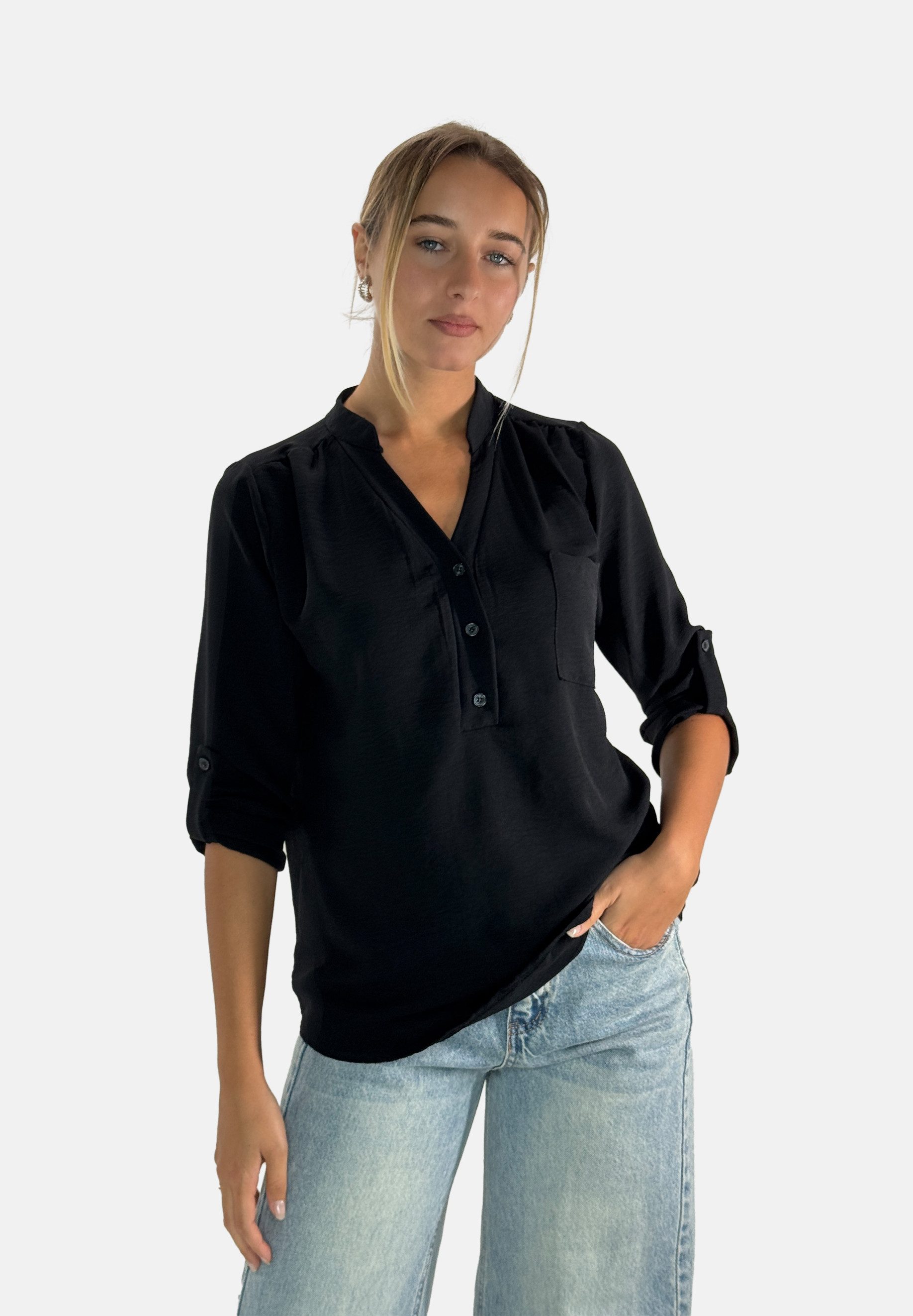 Blusentop Damen Tunika Bluse mit V-Ausschnitt & lockerem Schnitt
