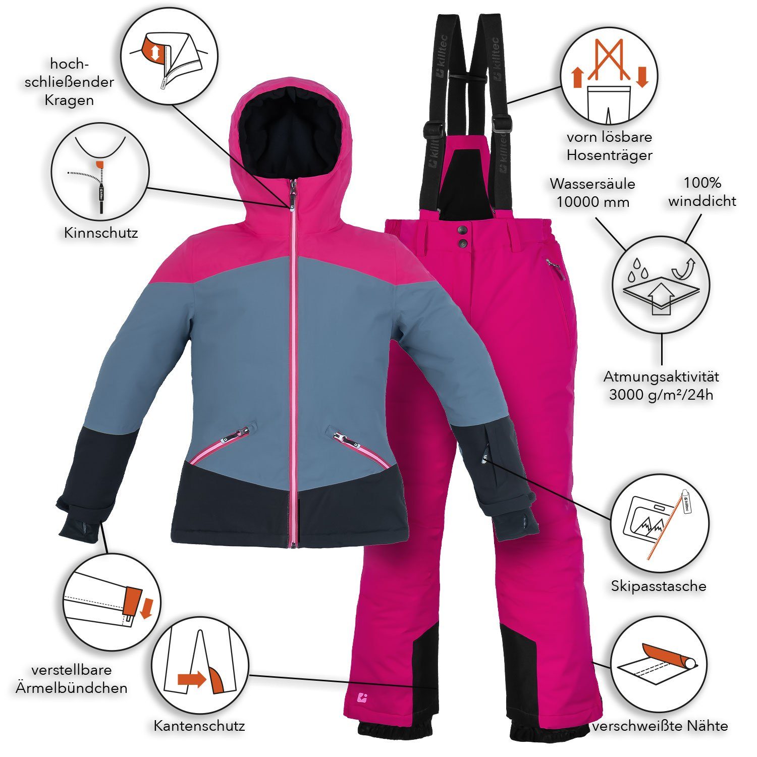 Killtec Skianzug Mädchen Skijacke + Skihose (Gr. 176, blaugrau/pink), Schneefang - Kinschutz -Skipasstasche - abnehmbare Hosenträger