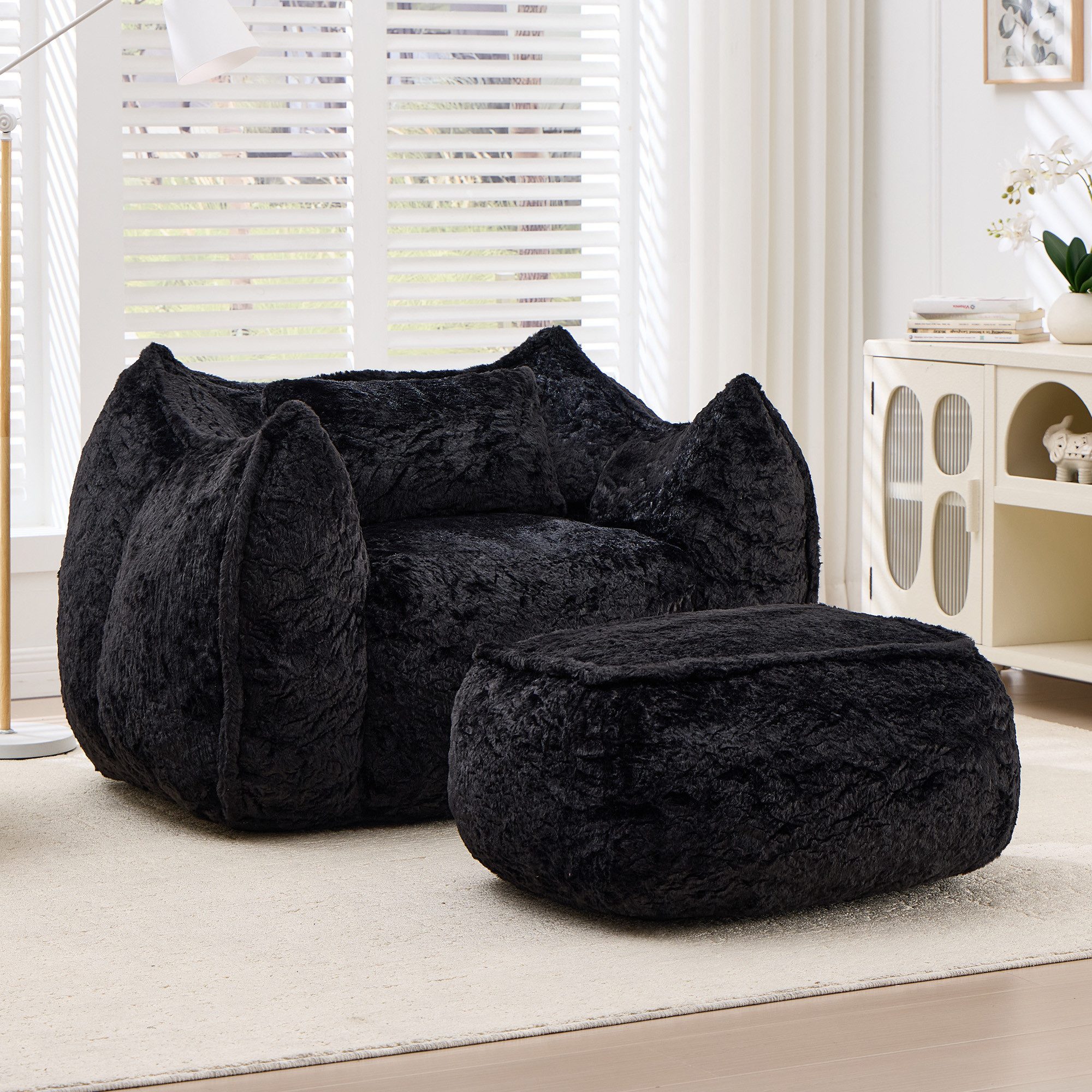 Vankel Relaxliege Sofas Wohnzimmer Loungesessel mit Hocker aus Kunstfell weich, Bean Bag Sessel mit Fußhocker, Schaumstofffüllung & Komfort