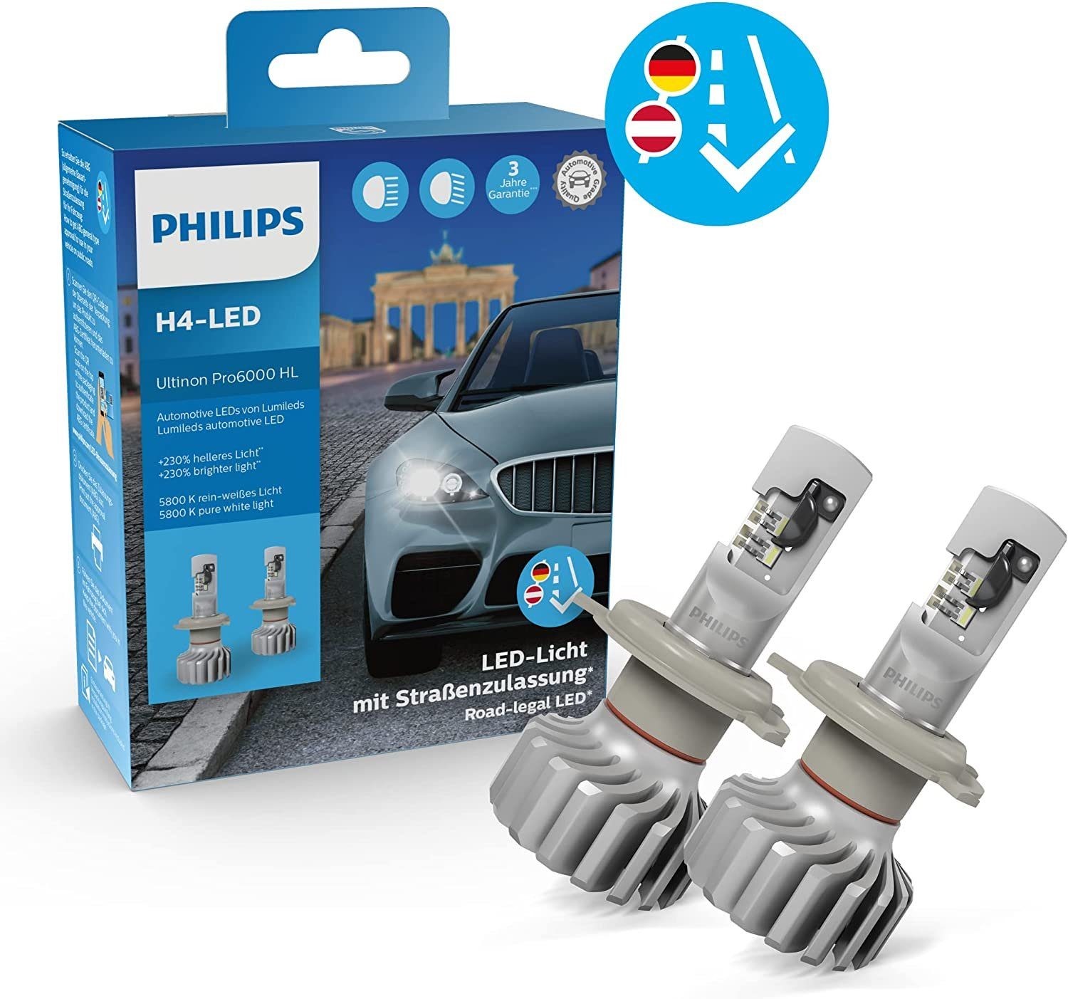 Philips KFZ-Ersatzleuchte H4 12V P43t Ultinon Pro6000 LED 5800K mit Straßenzulassung 2St, P43t, H4, 2 St., Kaltweiß
