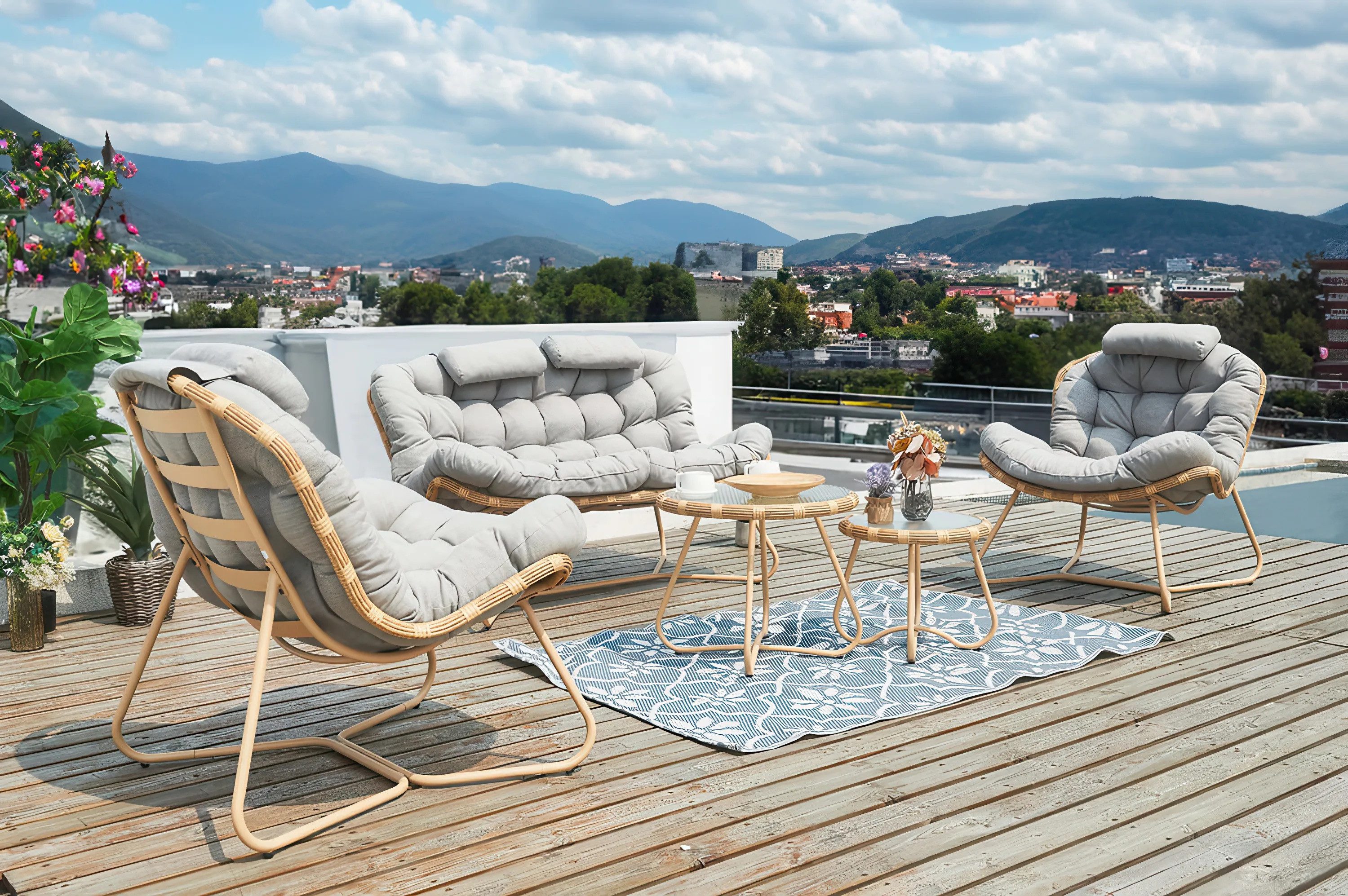 Focus Garden Gartenlounge-Set "RODOS CAFFE" Sofa + 2 Sessel + 2 Glas-Tische, sehr bequem, (5-tlg), Polyrattan, Gartenmöbel-Set