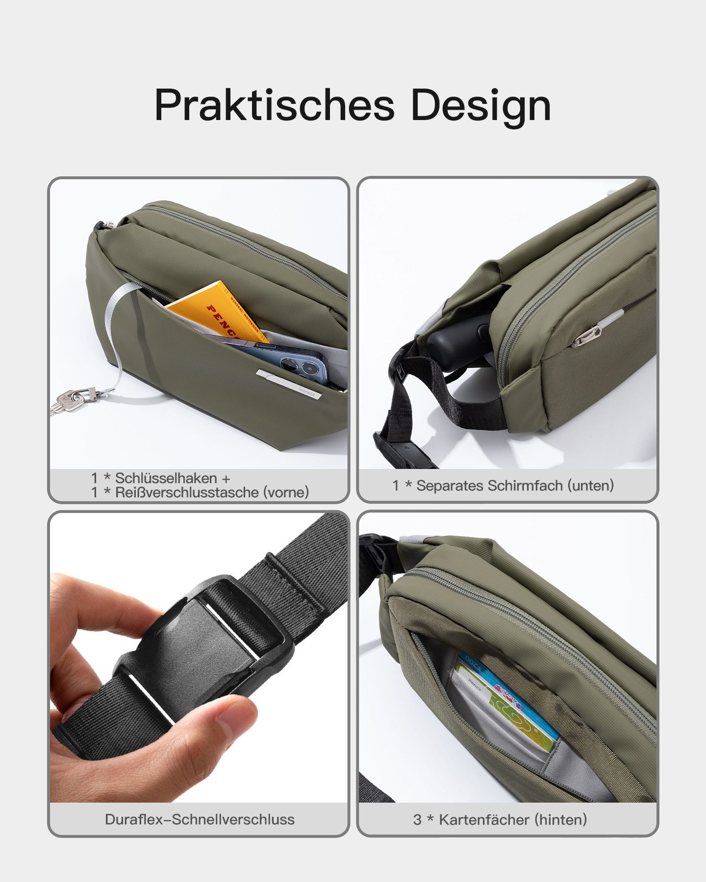 Inateck Umhängetasche Bauchtasche 4L, Stylische Sling Bag Herren Damen, Schultertasche, für Reise Schule Wandern, Wasserdicht