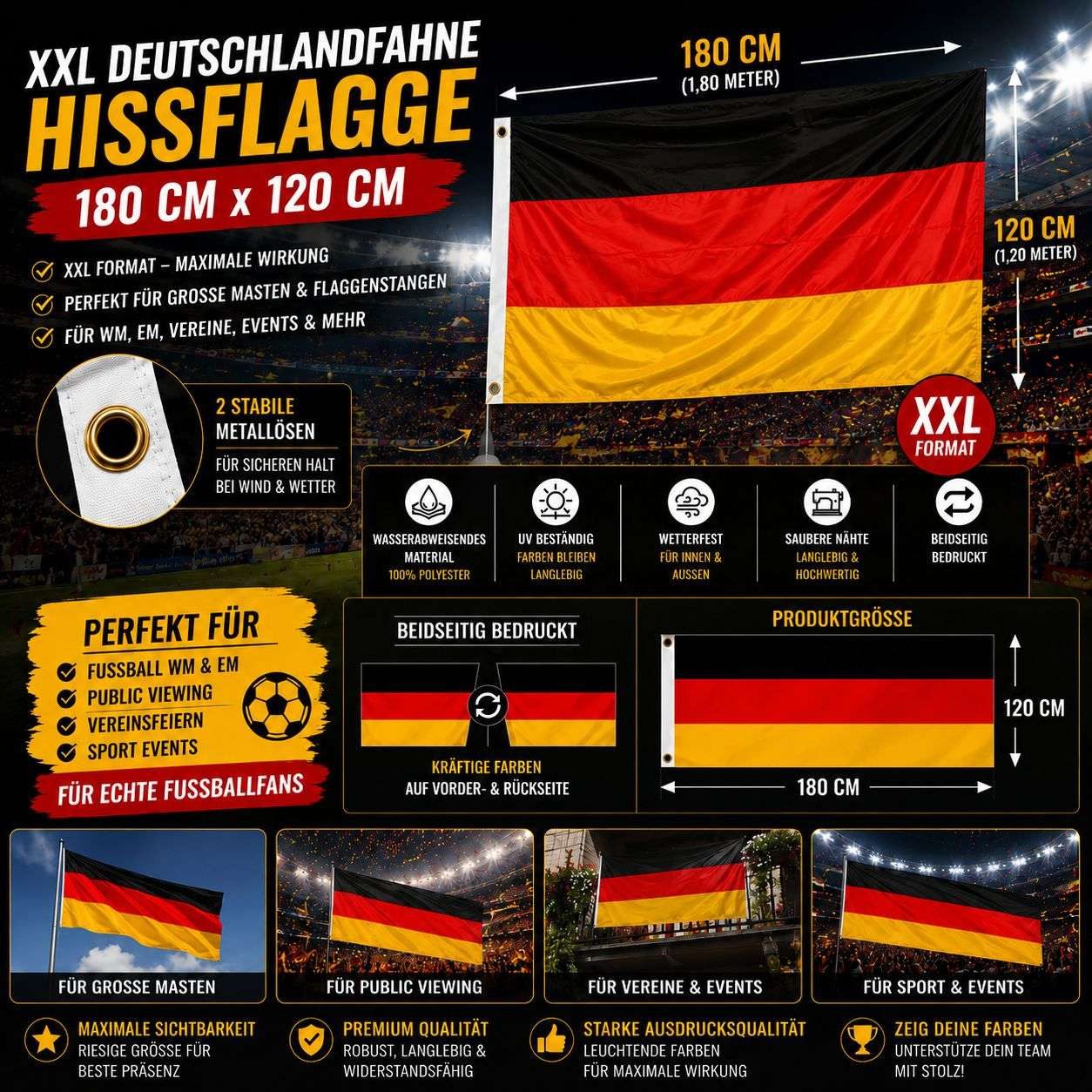 Taffstyle Fahne  XL Deutschland Fahne 180cm x 120cm Flagge mit Ösen Hissflagge (Große Deutschland Flagge mit Metallösen für Fußball Fans und Events Public Viewing), doppelt genähnt