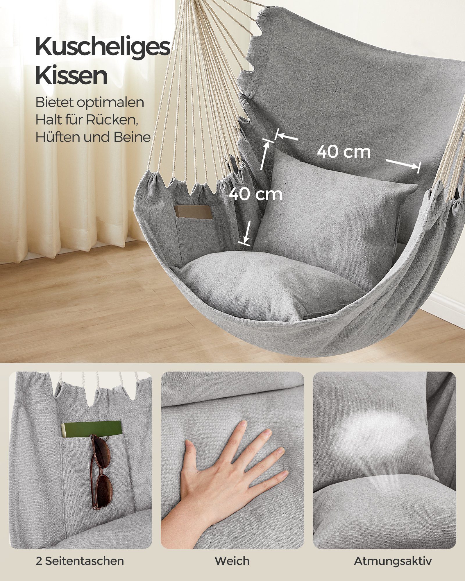 SONGMICS Hängesessel, Hängestuhl mit 2 Kissen, Metallkette, bis 150 kg belastbar