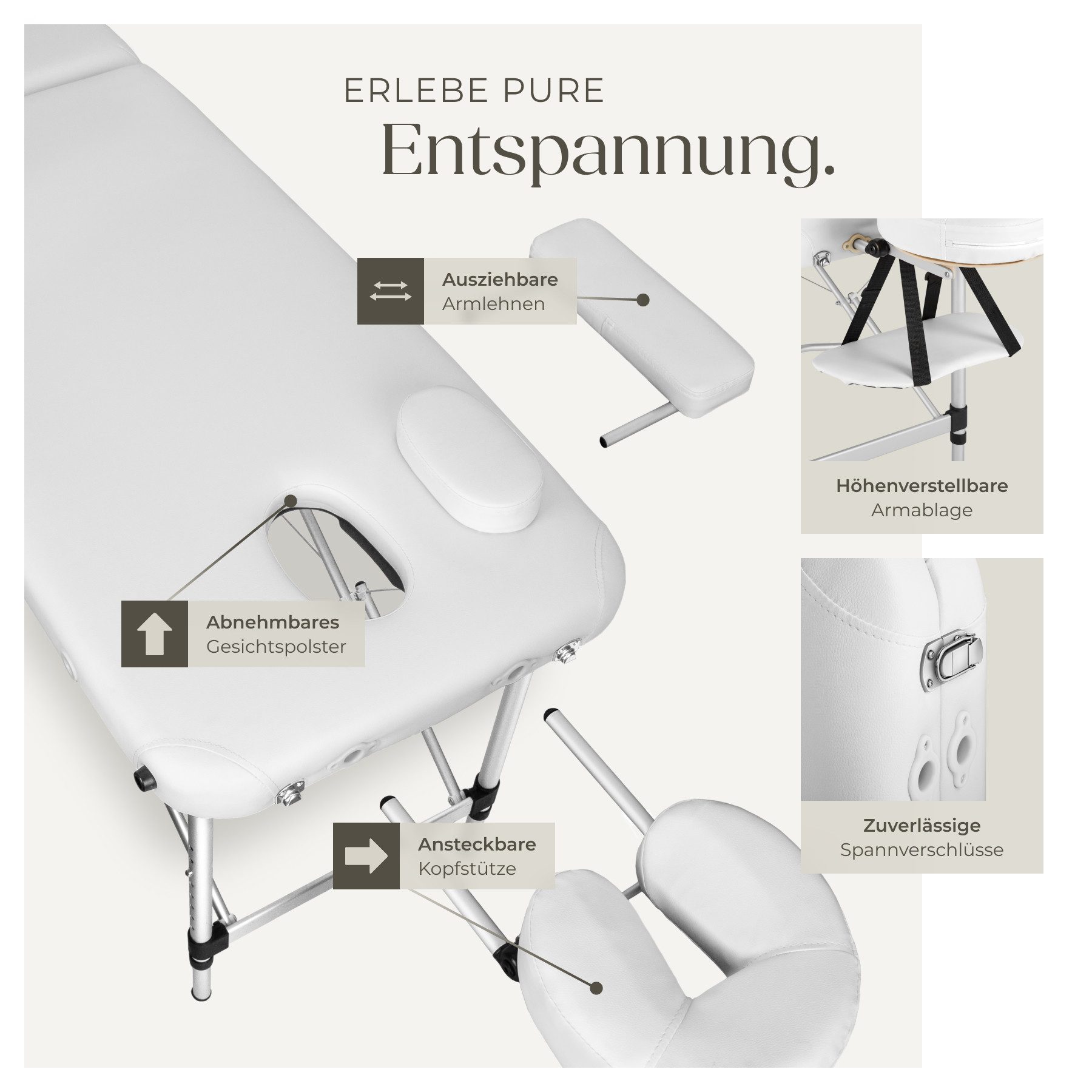 tectake Massageliege 2-Zonen-Massagetisch-Set, Maße: 205 x 95 x 89 cm, Polsterung 4 cm (Kosmetikliege, 1-St., in weiß), Breite 60 cm, Tragetasche, Aluminiumgestell, klapp- & höhenverstellbar