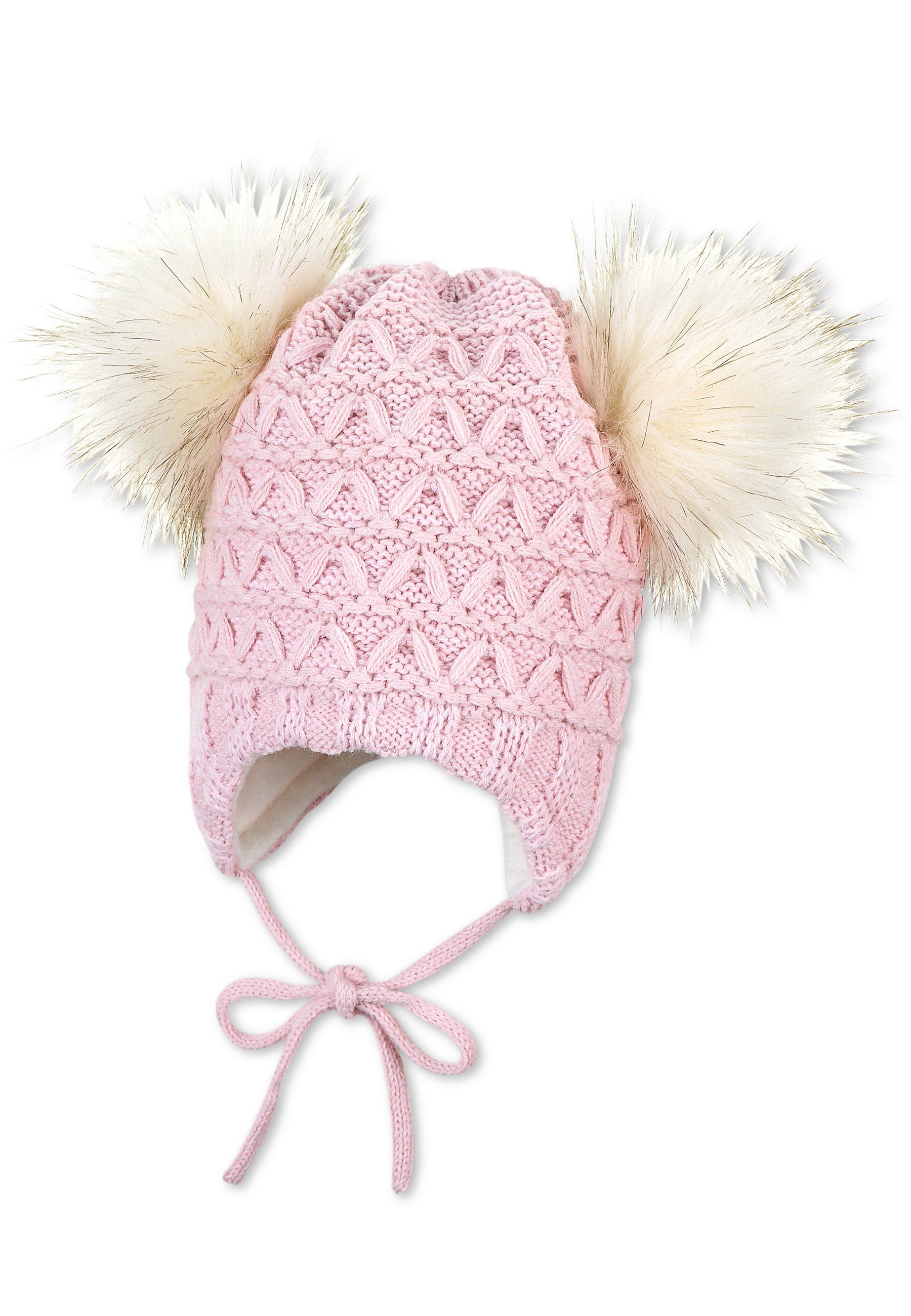 Sterntaler® Strickmütze Strickmütze (1-St., Strick Beanie für Kinder gefüttert mit Fleece ideal für kalte Tage) Mütze mit Kunstfell-Pompon gefüttert mit Fleece weißfarbig