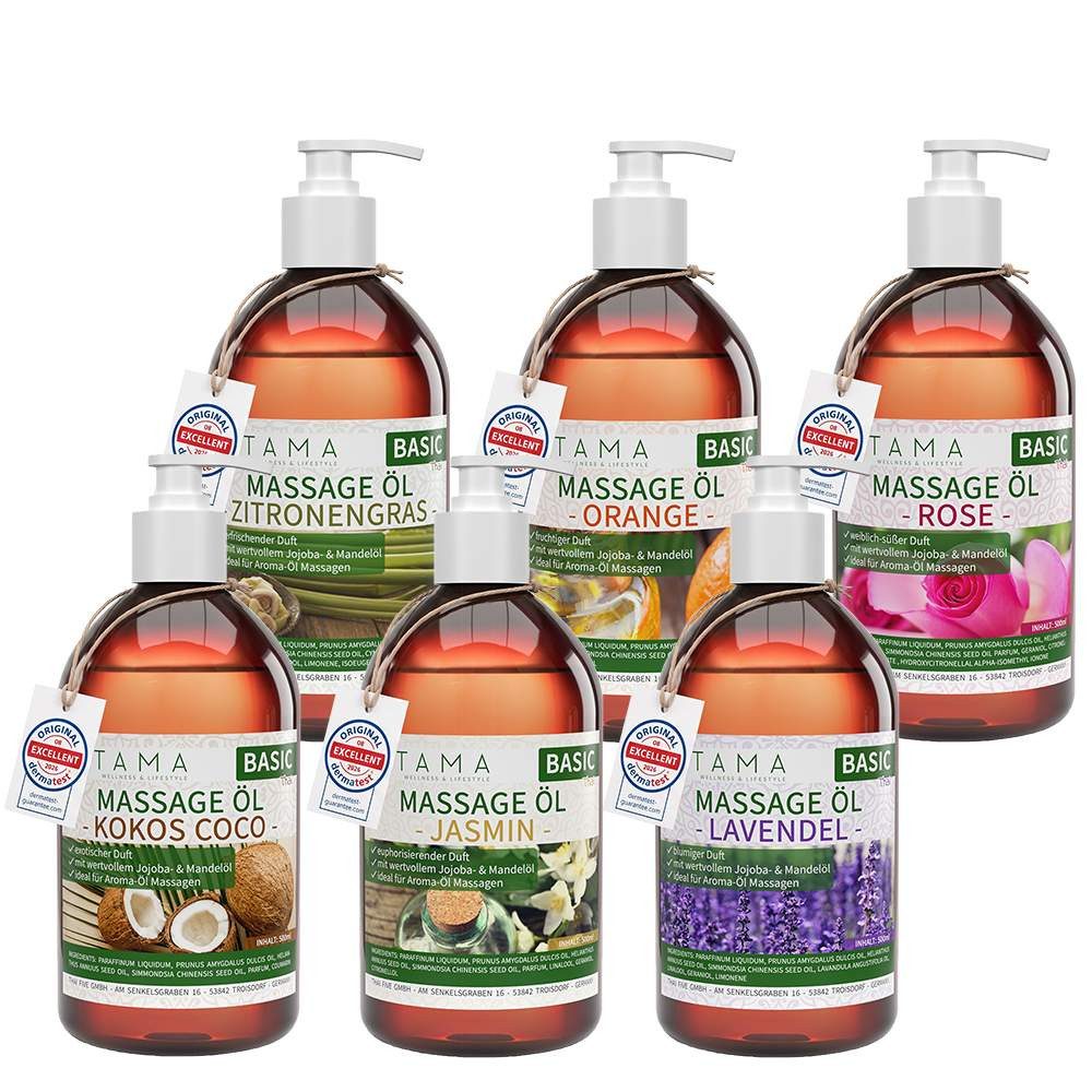 Kitama Massageöl Aroma Duft-Set mit 6 Düften (Jasmin, Rose, Orange, Lavendel u.a) 6 x 500ml, Dermatest: Sehr Gut