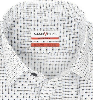 MARVELIS Businesshemd Businesshemd - Modern Fit - Langarm - Muster - Blau/Khaki/Weiß Allover-Print