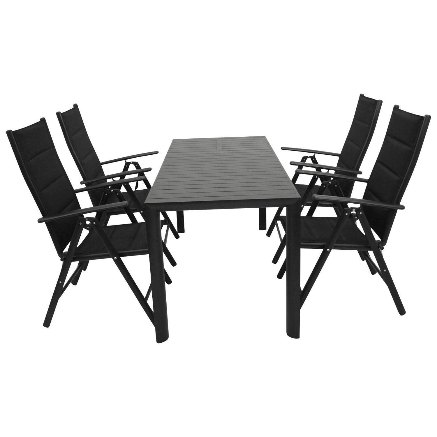 DEGAMO Garten-Essgruppe LAGOS 5-teilig, 4x Klappsessel, 1x Ausziehtisch 120/162x70cm, Alu anthrazit