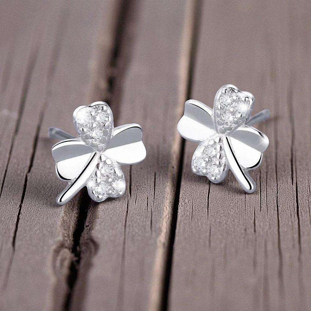 Taffstyle Paar Ohrstecker Kleeblatt 925 Sterling Silber Damen Ohrringe mit Kristallen für Damen (Stylische Damen Ohrringe im Kleeblatt Design mit funkelnden Kristallen besetzt, Glücksbringer Kleeblatt Ohrstecker)