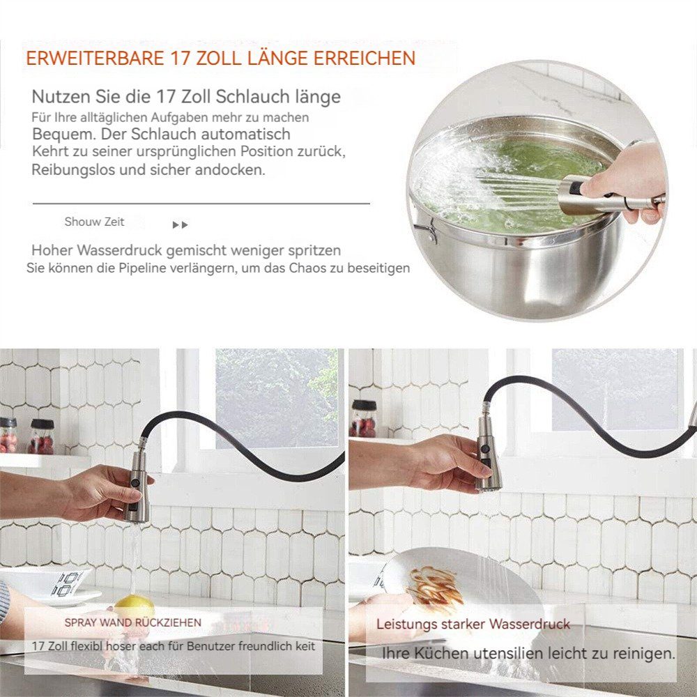 Dekorative Küchenspüle, Küchenarmatur (1-St) Edelstahl Brause mit 360°-Mischbatterien Ausziehbar für