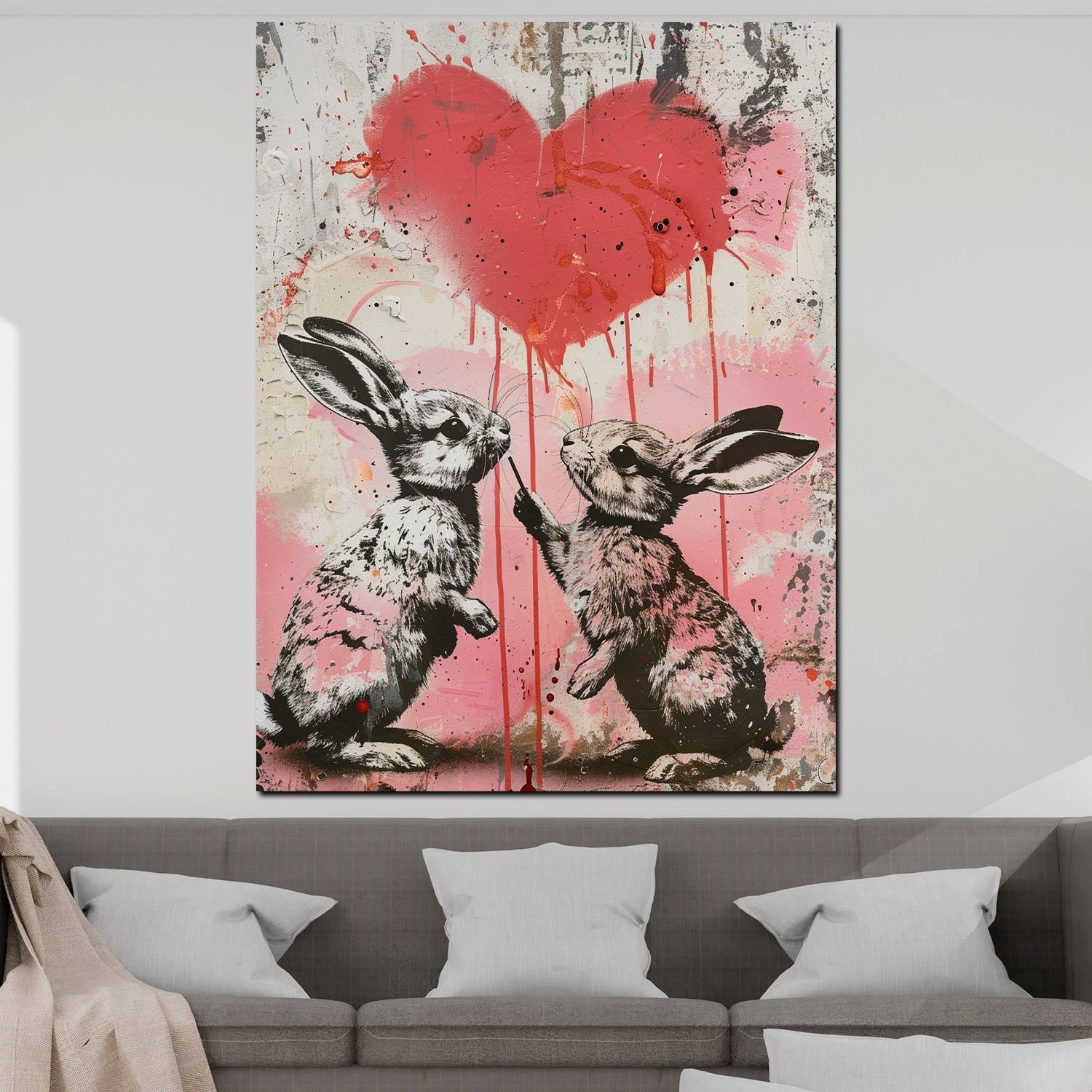 Artedinoi Leinwandbild Zwei Hasen mit rotem Herz Street Art Leinwandbild Wandbild XXL, Zwei Hasen mit Herz