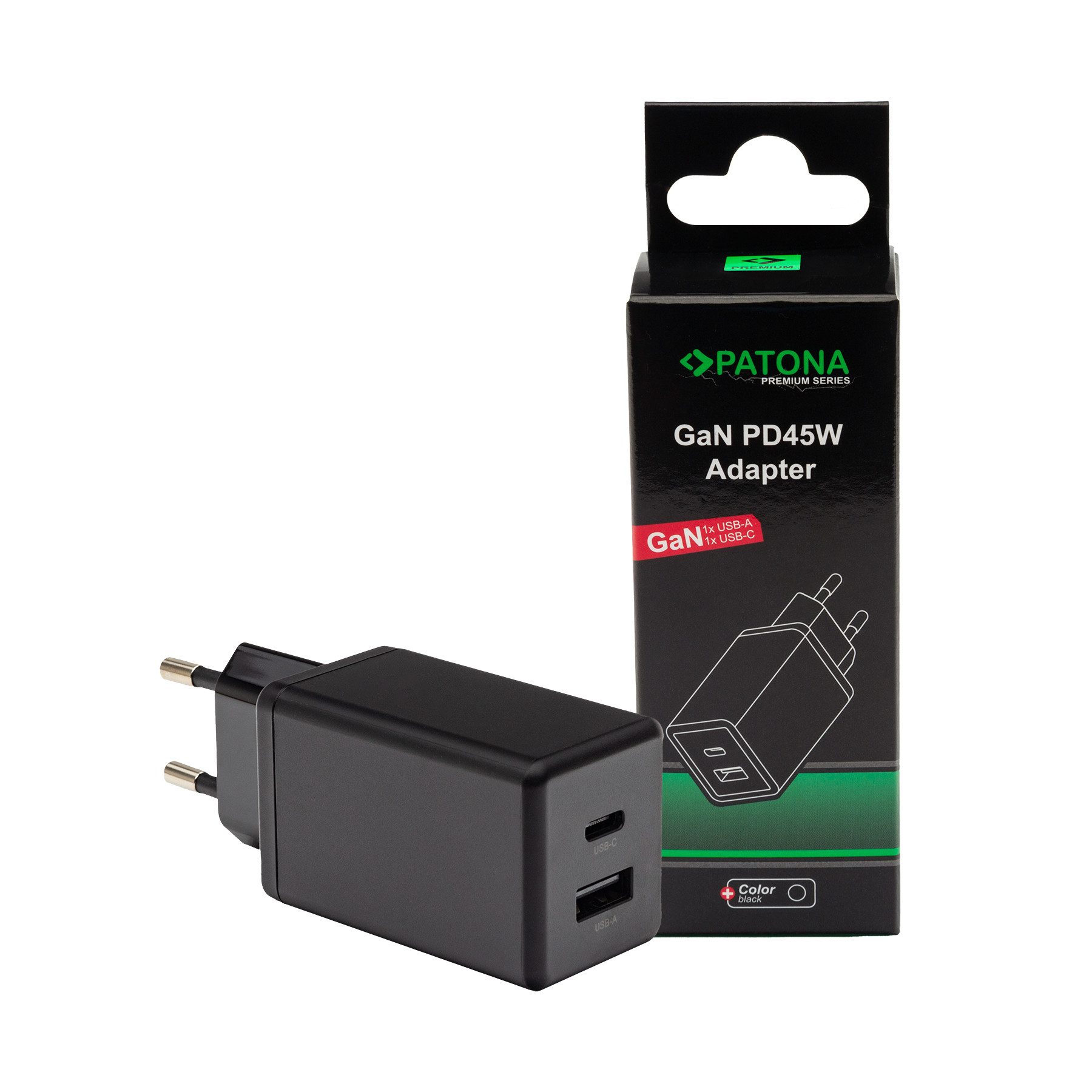 Patona 2in1 USB Schnellladegerät 45W GaN 3.0 Adapter mit Power Delivery Handy-Netzteile (u.a. für iPad Pro M2, iPhone 15, Galaxy S23, Note 20, Switch)